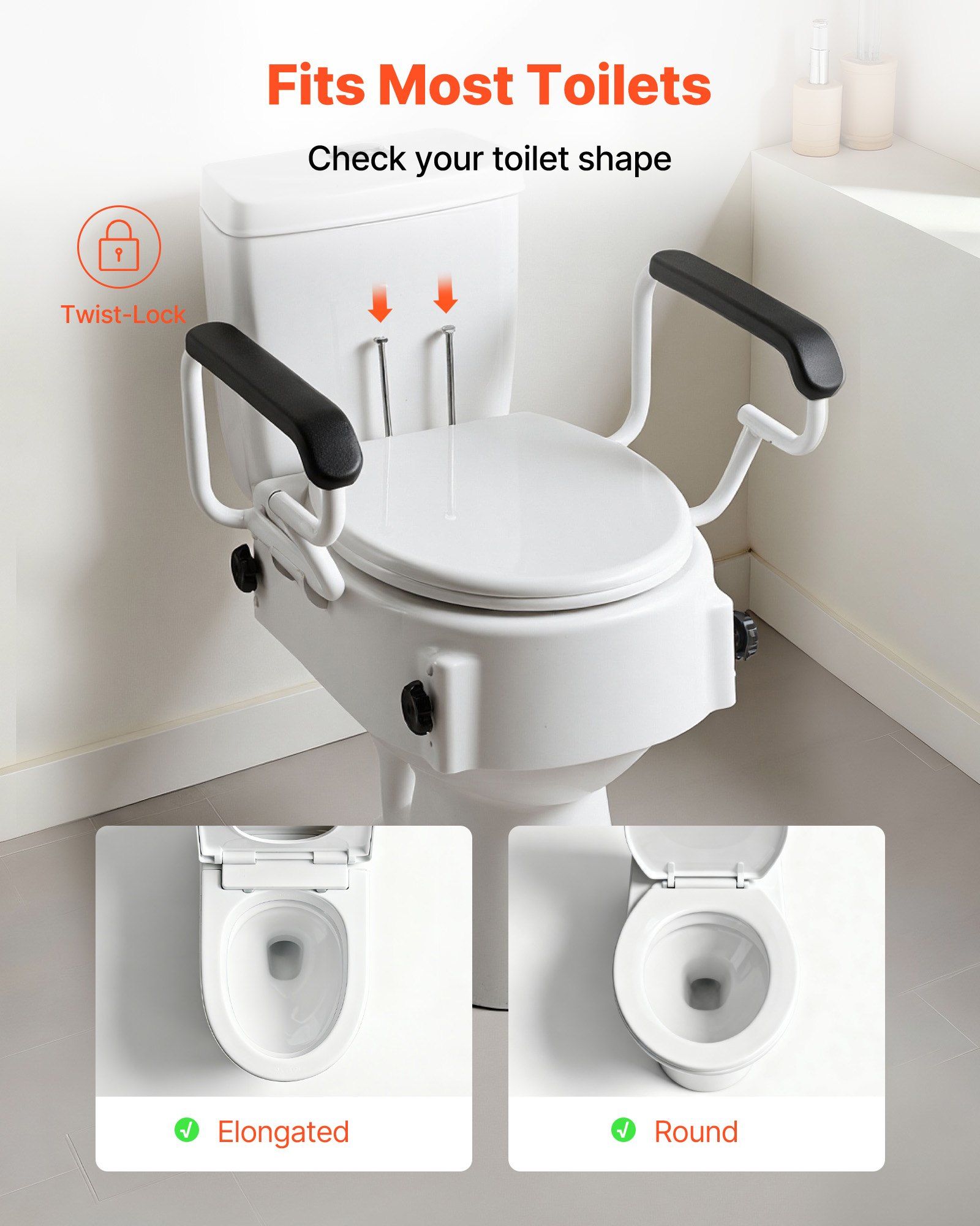 Raised Toilet Seat with Arms, 136.1 kg Load Capacity, 3-Level Adjustable Height, Widened Commode Elevated Toilet Seat Riser with Padded Handles for Seniors, Elderly, Handicap, Disabled, Adults - Image 3