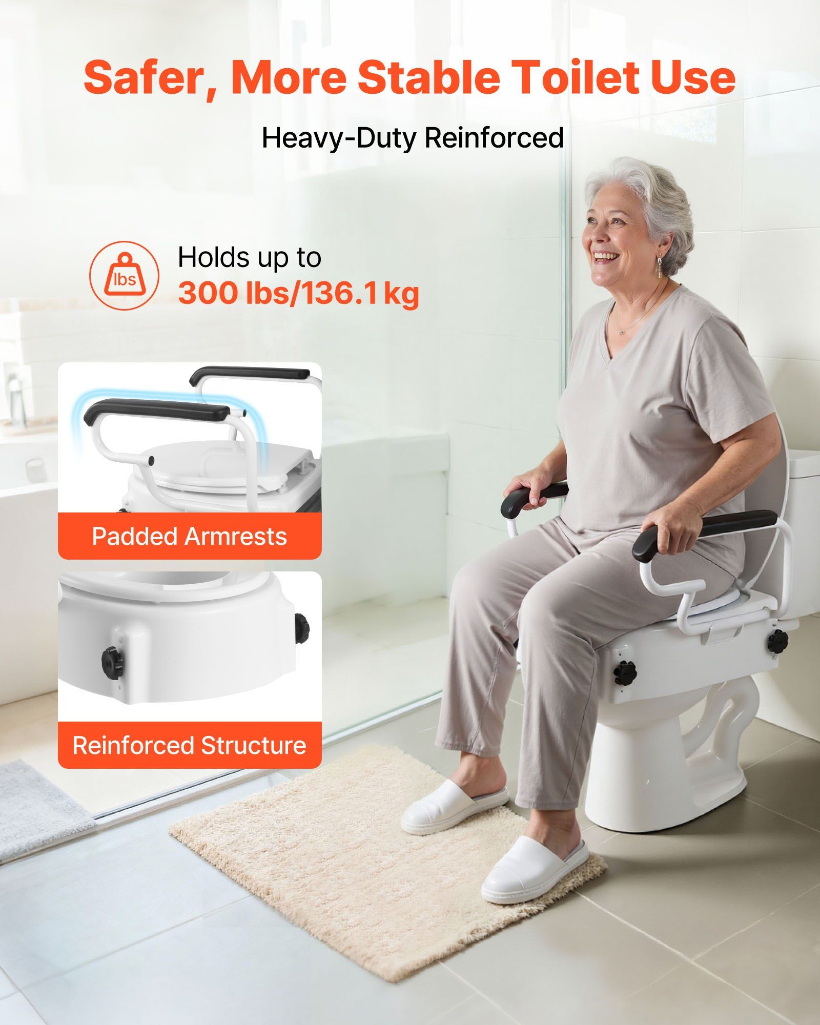 Raised Toilet Seat with Arms, 136.1 kg Load Capacity, 3-Level Adjustable Height, Widened Commode Elevated Toilet Seat Riser with Padded Handles for Seniors, Elderly, Handicap, Disabled, Adults - Image 4