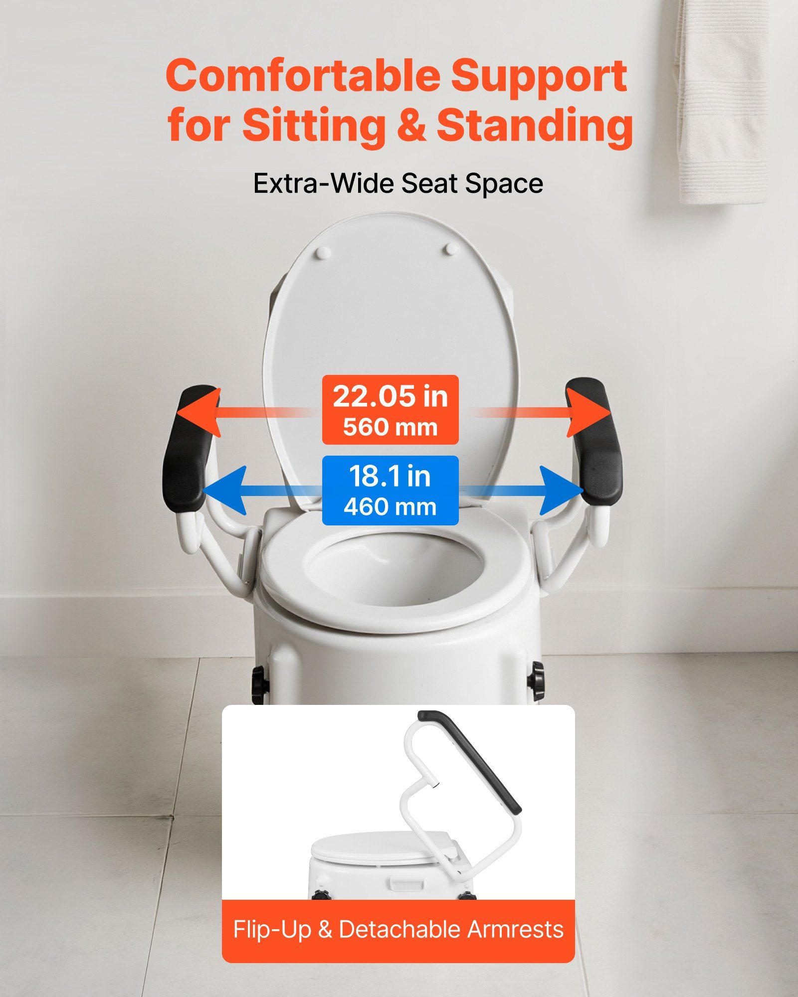 Raised Toilet Seat with Arms, 136.1 kg Load Capacity, 3-Level Adjustable Height, Widened Commode Elevated Toilet Seat Riser with Padded Handles for Seniors, Elderly, Handicap, Disabled, Adults - Image 5