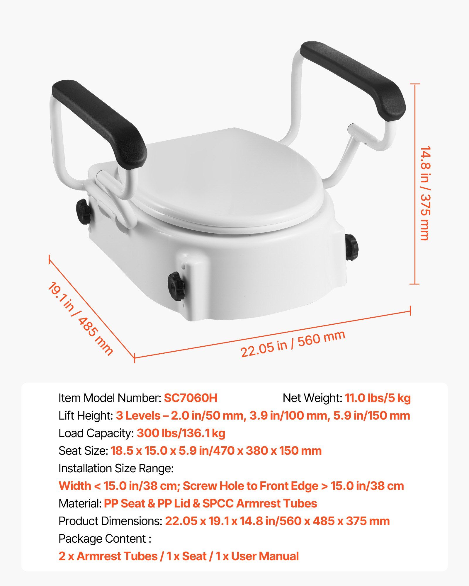 Raised Toilet Seat with Arms, 136.1 kg Load Capacity, 3-Level Adjustable Height, Widened Commode Elevated Toilet Seat Riser with Padded Handles for Seniors, Elderly, Handicap, Disabled, Adults - Image 7