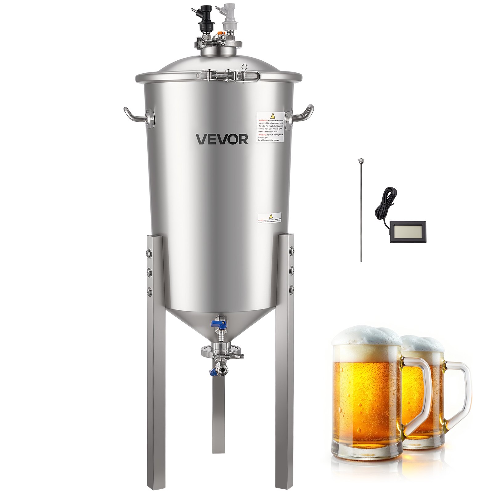 Stainless Steel Conical Fermenter, 8 Gal/30L Home Brewing Fermenation Tank, Brew Bucket Fermentor with Conical Bottom, 3 Adjustable Legs, Lid, Handle & Thermometer, for Wine, Beer Fermentation - Image 1