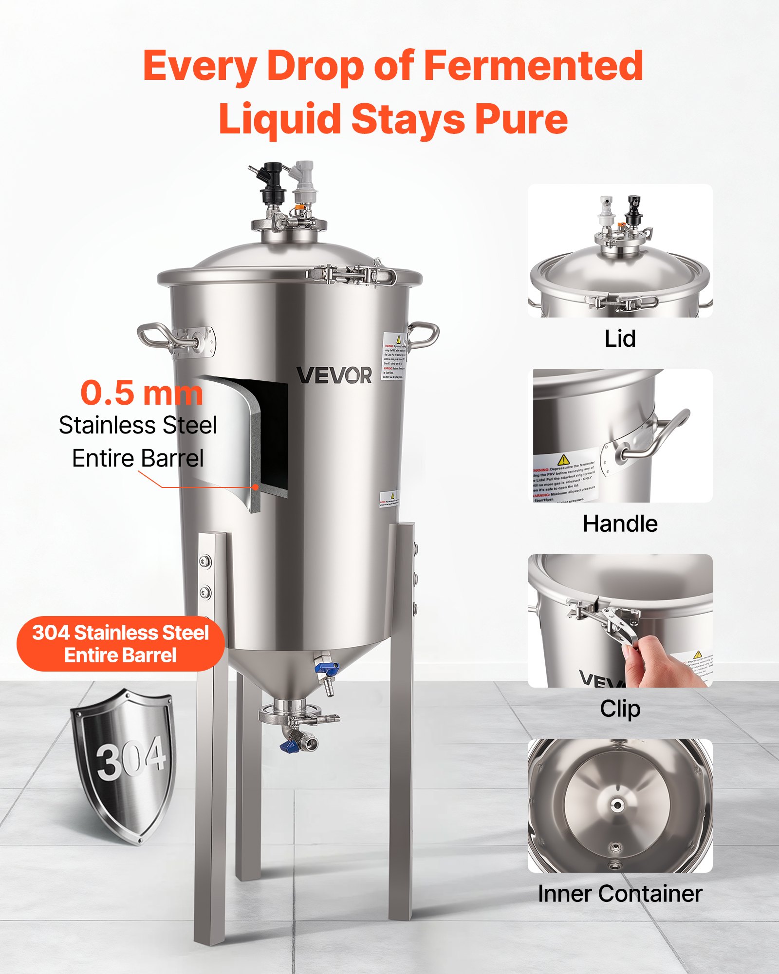 Stainless Steel Conical Fermenter, 8 Gal/30L Home Brewing Fermenation Tank, Brew Bucket Fermentor with Conical Bottom, 3 Adjustable Legs, Lid, Handle & Thermometer, for Wine, Beer Fermentation - Image 4