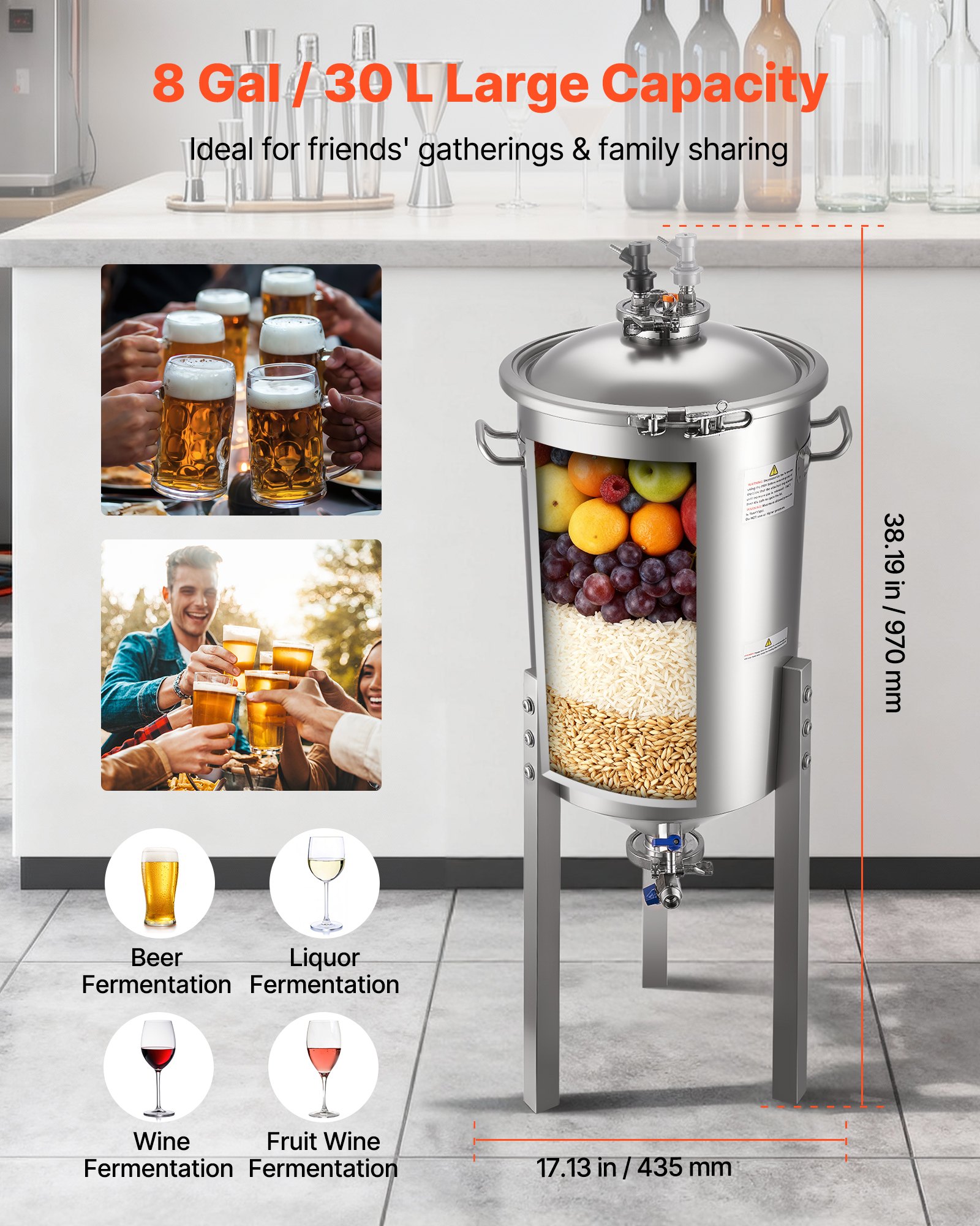 Stainless Steel Conical Fermenter, 8 Gal/30L Home Brewing Fermenation Tank, Brew Bucket Fermentor with Conical Bottom, 3 Adjustable Legs, Lid, Handle & Thermometer, for Wine, Beer Fermentation - Image 5