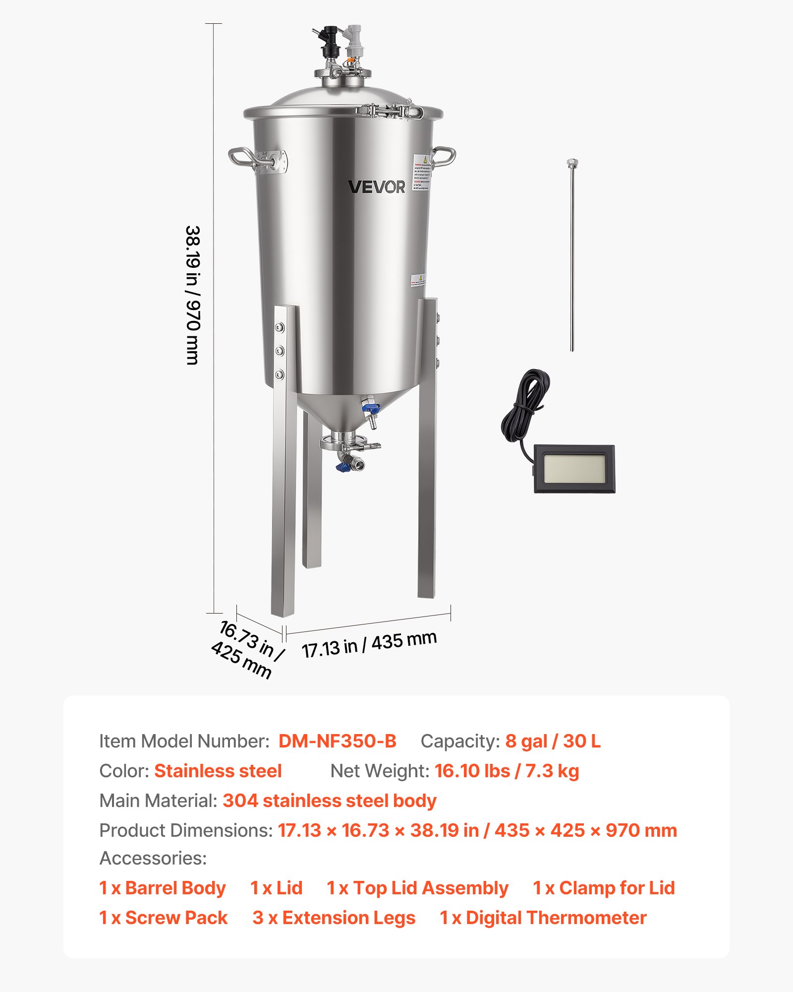 Stainless Steel Conical Fermenter, 8 Gal/30L Home Brewing Fermenation Tank, Brew Bucket Fermentor with Conical Bottom, 3 Adjustable Legs, Lid, Handle & Thermometer, for Wine, Beer Fermentation - Image 7