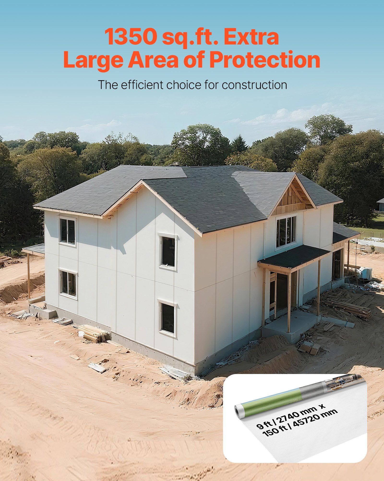 House Wrap, 2.74 x 45.7 mm, 0.13 mm Thick Vapor Barrier, Heavy Duty Plastic Sheeting for Tear-resistant, Drop Cloth Vapor Barrier Covering for Residential & Commercial Construction, White - Image 2