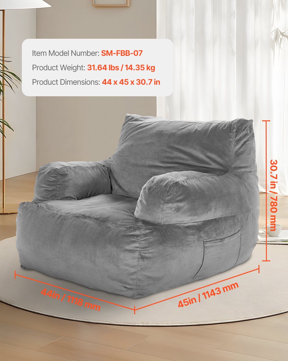 Bean Bag Chair, BeanBag Sofa Chair with Armrests for Adults, Fluffy Plush & High-Density Foam Filling Adult Bean Bag with Zapper, Comfy Lazy Sofa Chair Ideal for Living Room, Bedroom, Grey - Image 2