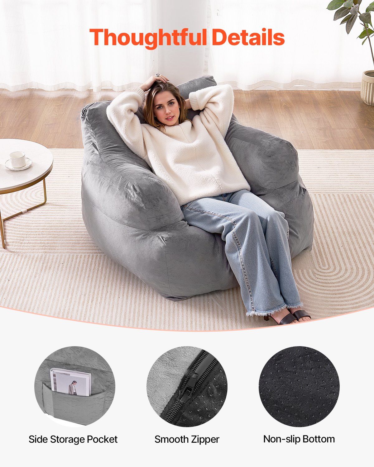 Bean Bag Chair, BeanBag Sofa Chair with Armrests for Adults, Fluffy Plush & High-Density Foam Filling Adult Bean Bag with Zapper, Comfy Lazy Sofa Chair Ideal for Living Room, Bedroom, Grey - Image 5