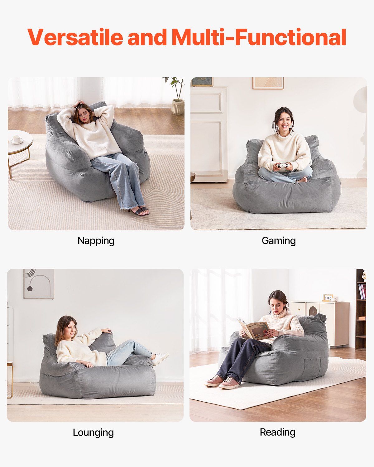 Bean Bag Chair, BeanBag Sofa Chair with Armrests for Adults, Fluffy Plush & High-Density Foam Filling Adult Bean Bag with Zapper, Comfy Lazy Sofa Chair Ideal for Living Room, Bedroom, Grey - Image 6