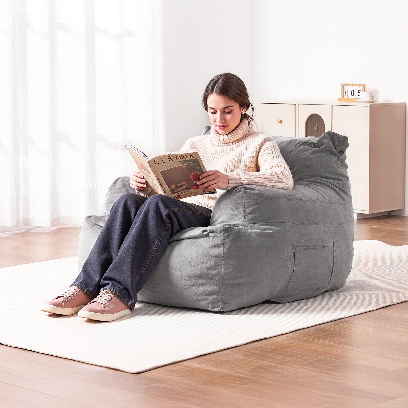 Bean Bag Chair, BeanBag Sofa Chair with Armrests for Adults, Fluffy Plush & High-Density Foam Filling Adult Bean Bag with Zapper, Comfy Lazy Sofa Chair Ideal for Living Room, Bedroom, Grey - Image 8