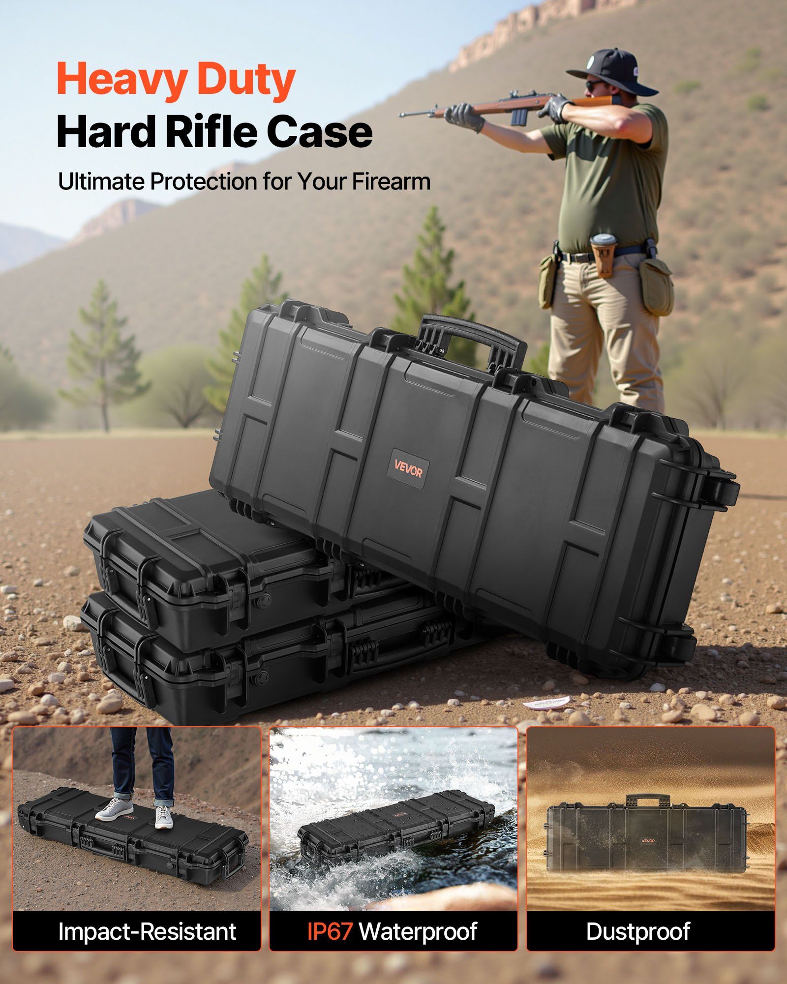 Hard Rifle Case, Lockable Rifle Case with Pre-cut Foams, 1016 mm Gun Storage with Wheels, IP67 Waterproof & Dustproof Movable Large Pistol Storage for Rifles, Shotguns, Airsoft Guns, Black - Image 2
