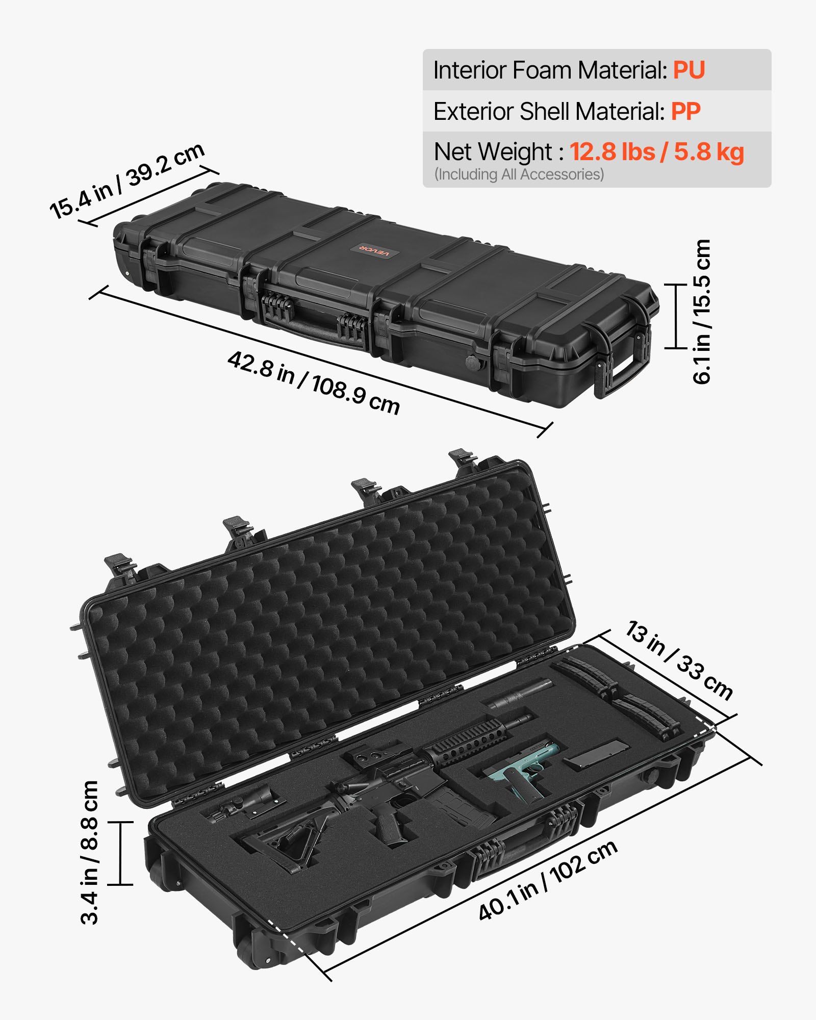 Hard Rifle Case, Lockable Rifle Case with Pre-cut Foams, 1016 mm Gun Storage with Wheels, IP67 Waterproof & Dustproof Movable Large Pistol Storage for Rifles, Shotguns, Airsoft Guns, Black - Image 3