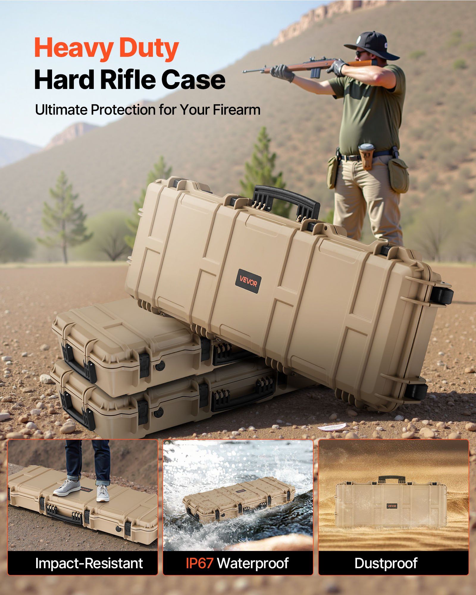 Hard Rifle Case, Lockable Rifle Case with Pre-cut Foams, 1016 mm Gun Storage with Wheels, IP67 Waterproof & Dustproof Movable Large Pistol Storage for Rifles, Shotguns, Airsoft Guns, Khaki - Image 2