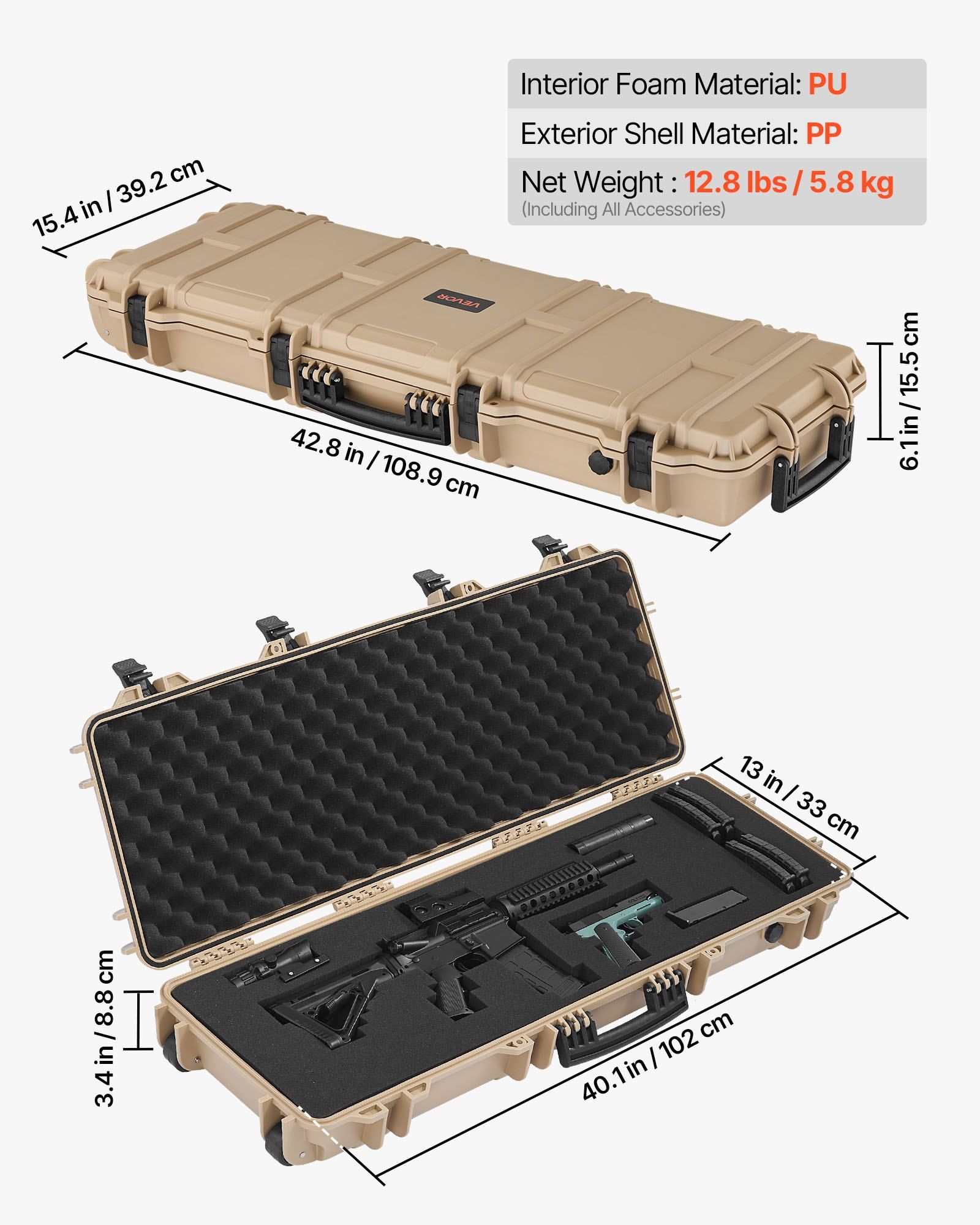 Hard Rifle Case, Lockable Rifle Case with Pre-cut Foams, 1016 mm Gun Storage with Wheels, IP67 Waterproof & Dustproof Movable Large Pistol Storage for Rifles, Shotguns, Airsoft Guns, Khaki - Image 3