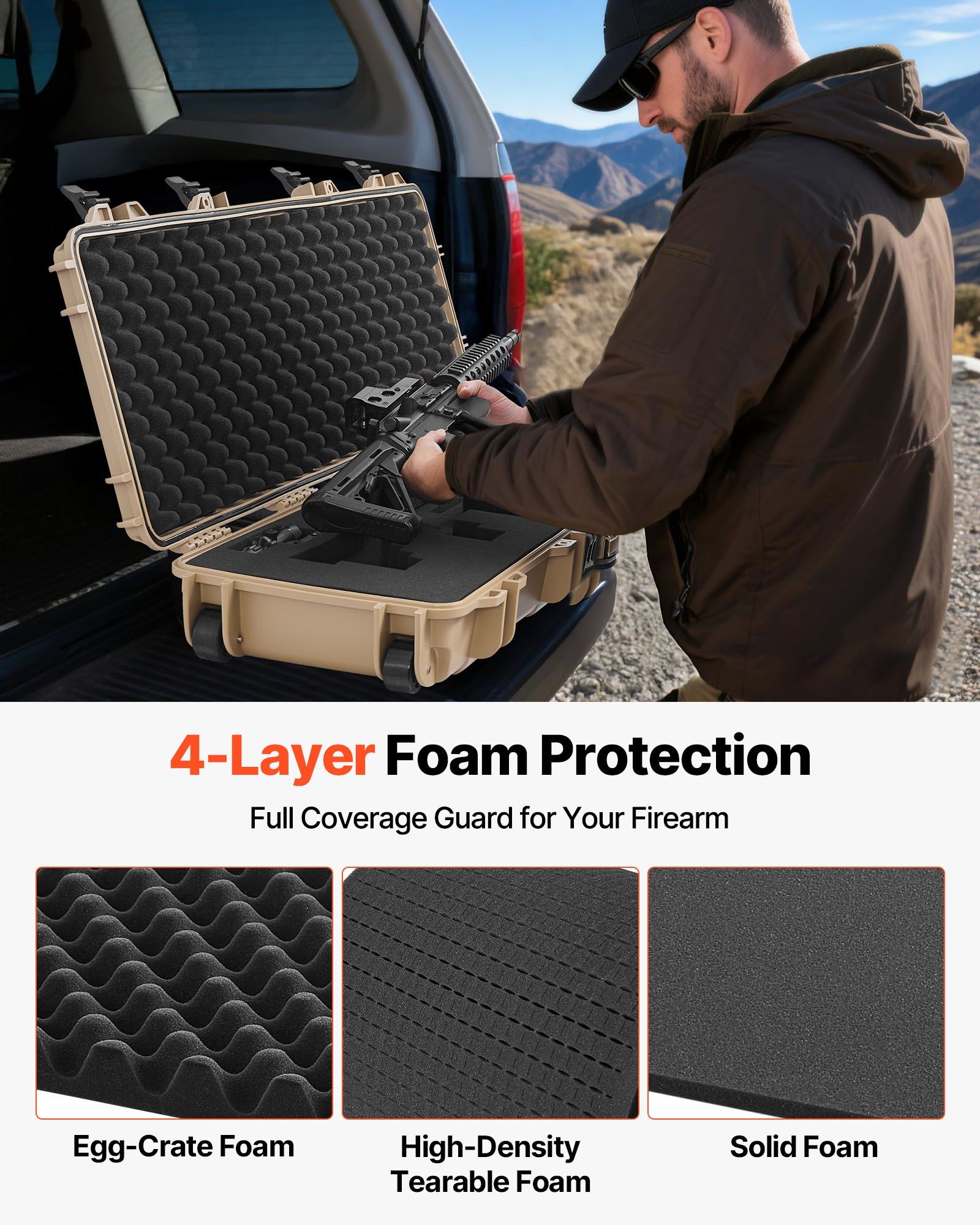 Hard Rifle Case, Lockable Rifle Case with Pre-cut Foams, 1016 mm Gun Storage with Wheels, IP67 Waterproof & Dustproof Movable Large Pistol Storage for Rifles, Shotguns, Airsoft Guns, Khaki - Image 4