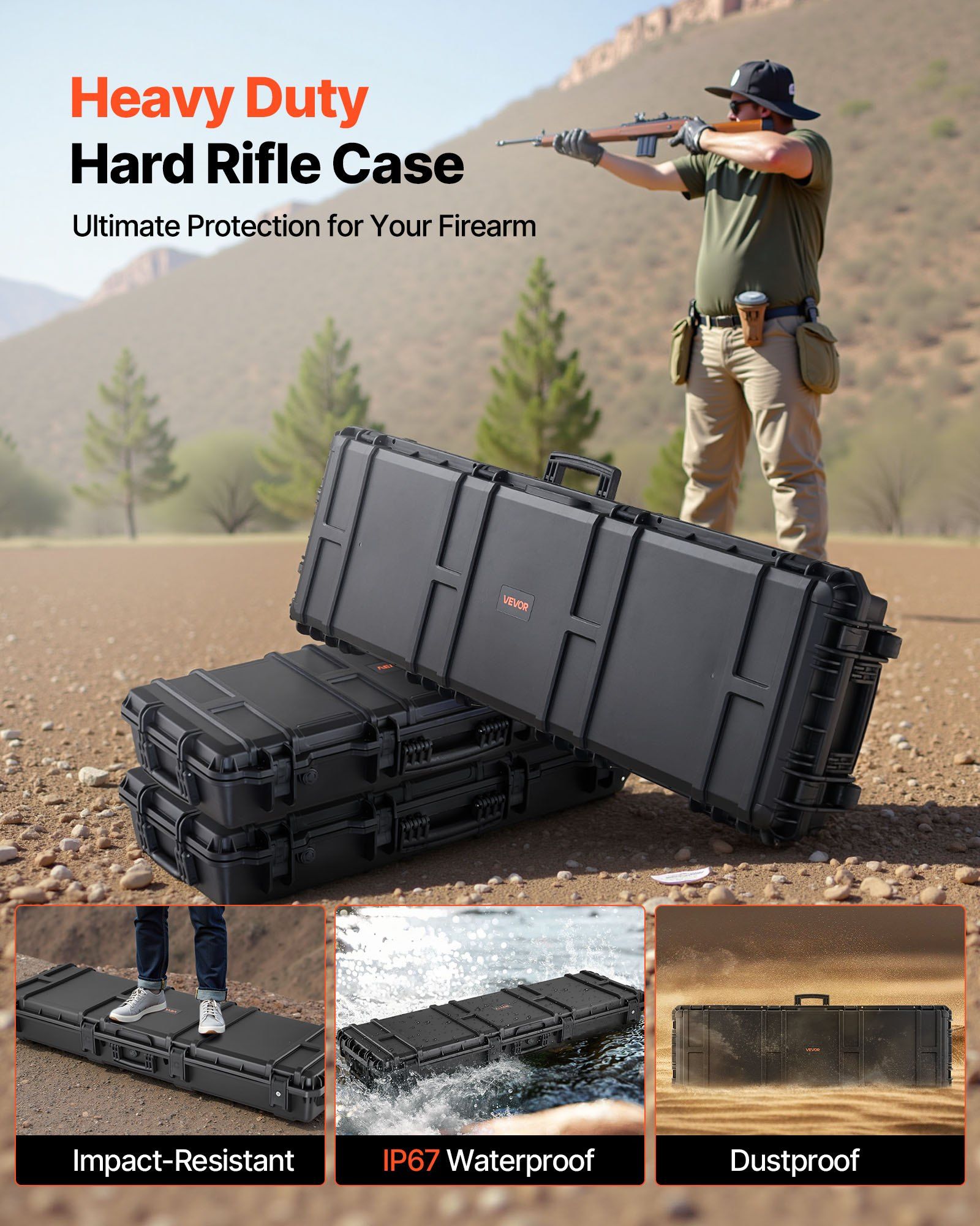 Hard Rifle Case, Lockable Rifle Case with Detachable XPE Foam, 1270 mm Gun Storage with Wheels, IP67 Waterproof & Dustproof Pistol Storage Cases for Rifles, Shotguns, Airsoft Guns, Black - Image 2