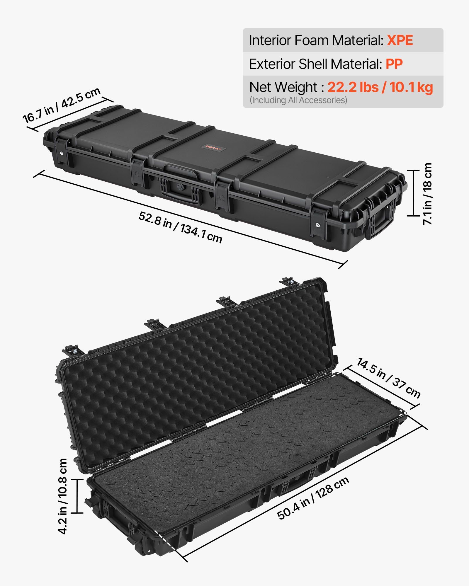 Hard Rifle Case, Lockable Rifle Case with Detachable XPE Foam, 1270 mm Gun Storage with Wheels, IP67 Waterproof & Dustproof Pistol Storage Cases for Rifles, Shotguns, Airsoft Guns, Black - Image 3