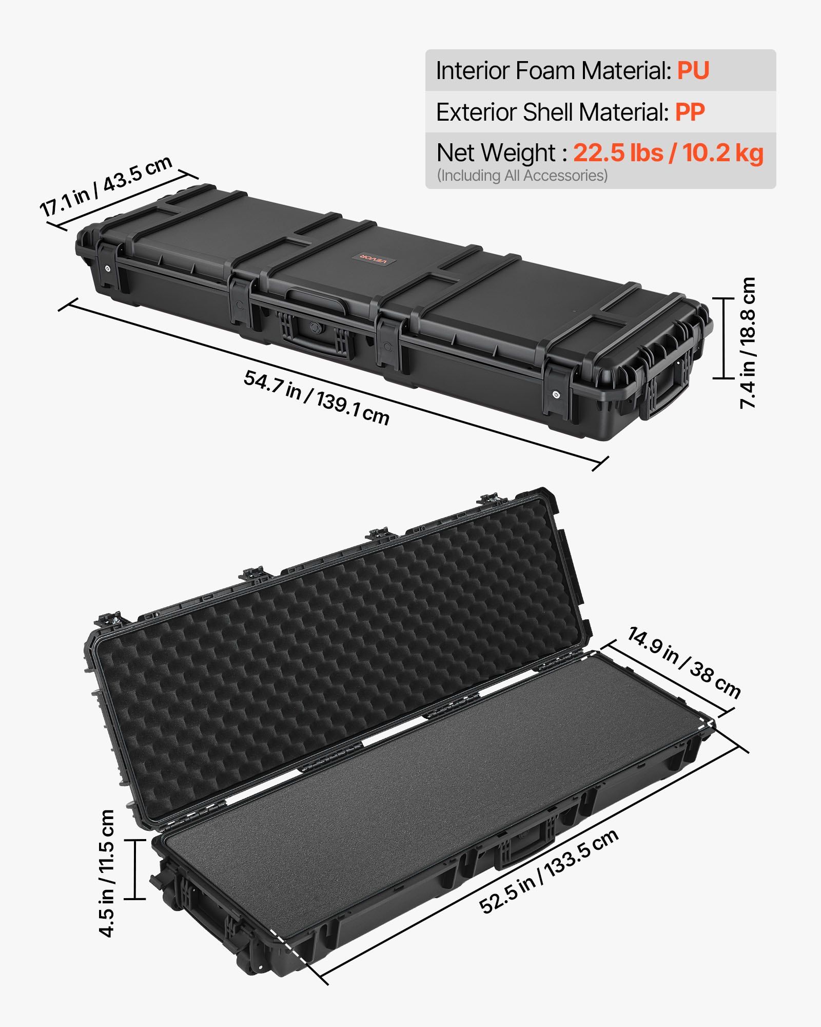 Hard Rifle Case, Lockable Rifle Case with Pre-cut Foams, 1320 mm Gun Storage with Wheels, Heavy Duty IP67 Waterproof & Dustproof Pistol Storage Cases for Rifles, Shotguns, Airsoft Guns, Black - Image 3