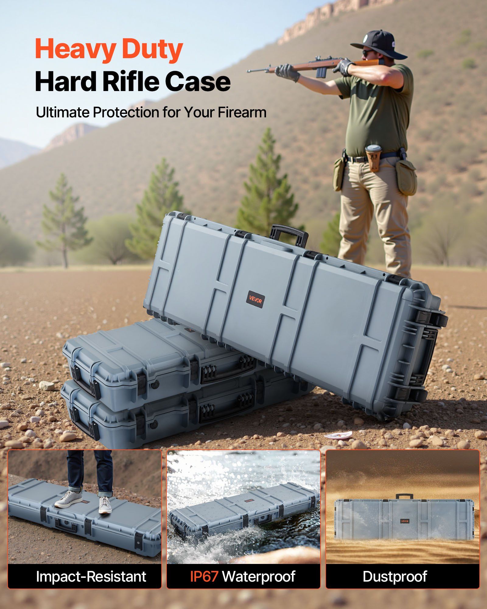 Hard Rifle Case, Lockable Rifle Case with Pre-cut Foams, 1320 mm Gun Storage with Wheels, Heavy Duty IP67 Waterproof & Dustproof Pistol Storage Cases for Rifles, Shotguns, Airsoft Guns, Grey - Image 2