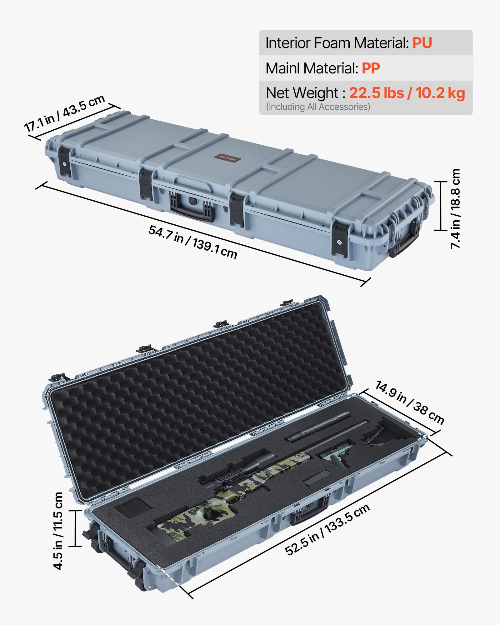 Hard Rifle Case, Lockable Rifle Case with Pre-cut Foams, 1320 mm Gun Storage with Wheels, Heavy Duty IP67 Waterproof & Dustproof Pistol Storage Cases for Rifles, Shotguns, Airsoft Guns, Grey - Image 3