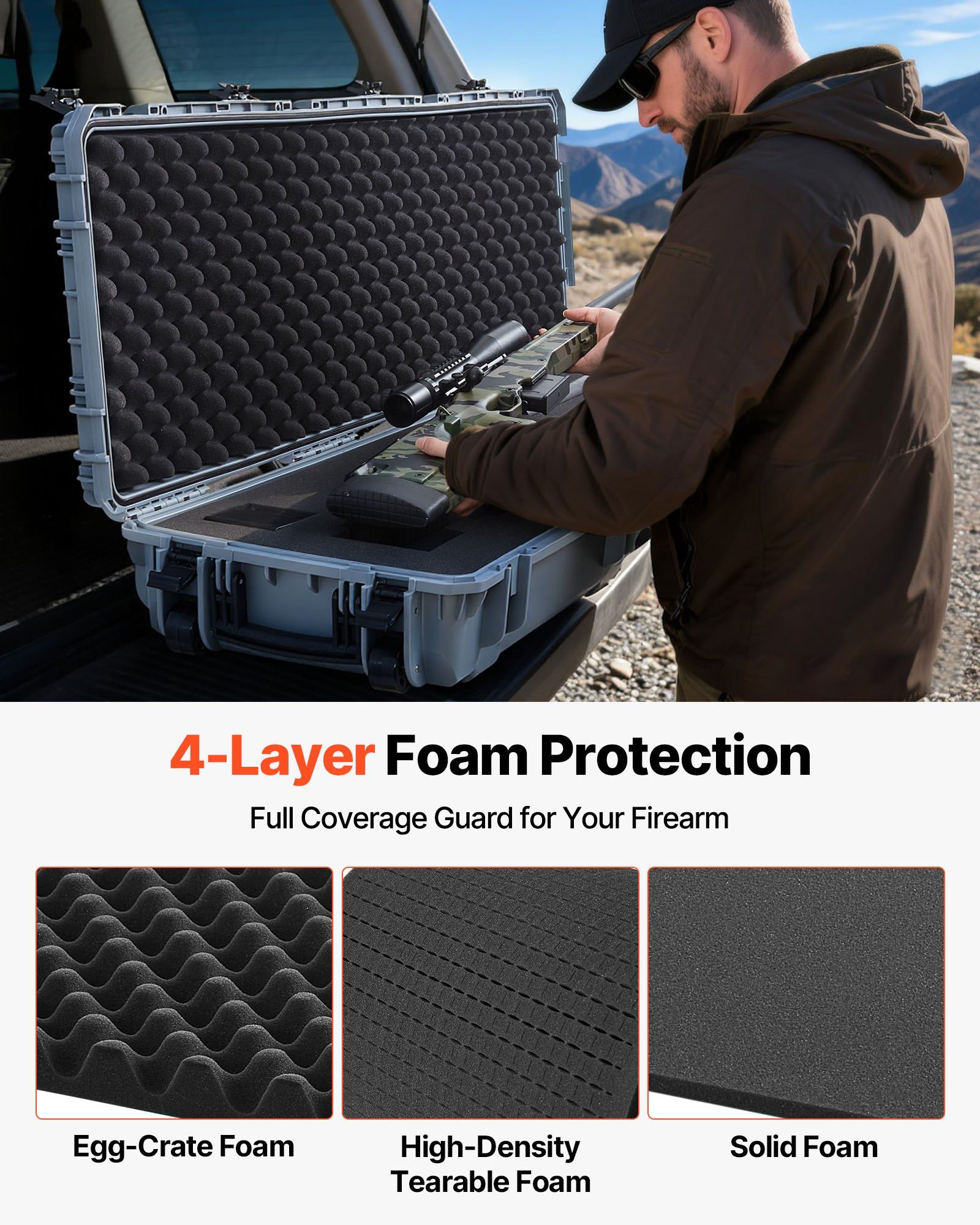 Hard Rifle Case, Lockable Rifle Case with Pre-cut Foams, 1320 mm Gun Storage with Wheels, Heavy Duty IP67 Waterproof & Dustproof Pistol Storage Cases for Rifles, Shotguns, Airsoft Guns, Grey - Image 4