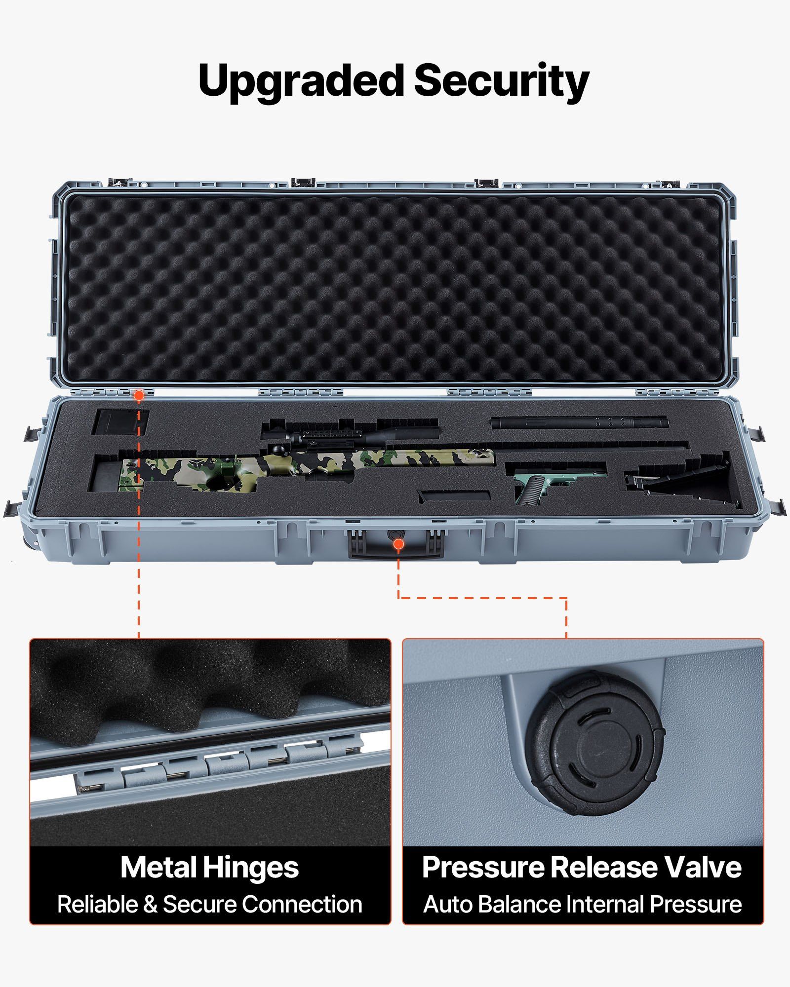 Hard Rifle Case, Lockable Rifle Case with Pre-cut Foams, 1320 mm Gun Storage with Wheels, Heavy Duty IP67 Waterproof & Dustproof Pistol Storage Cases for Rifles, Shotguns, Airsoft Guns, Grey - Image 6