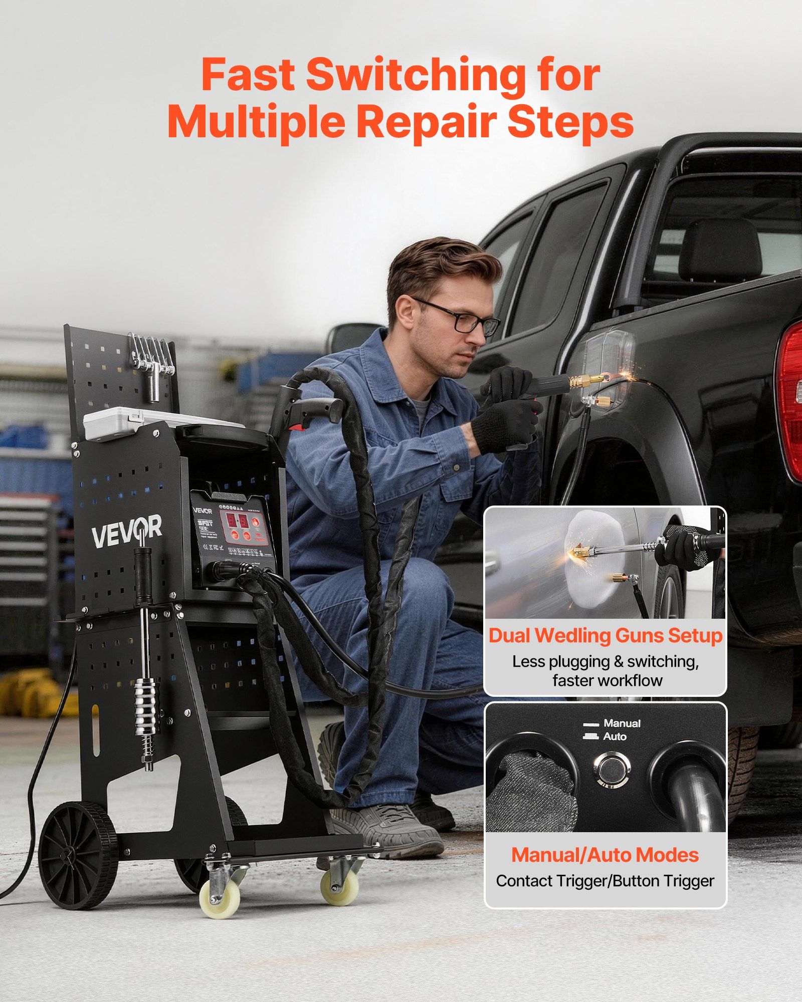 Stud Welder Dent Repair Kit & Welding Cart, 3KW Spot Welder with 2 Welding Guns and 7 Modes, Auto Body Spot Welding Dent Repair Machine for Steel Panel Repair - Image 7