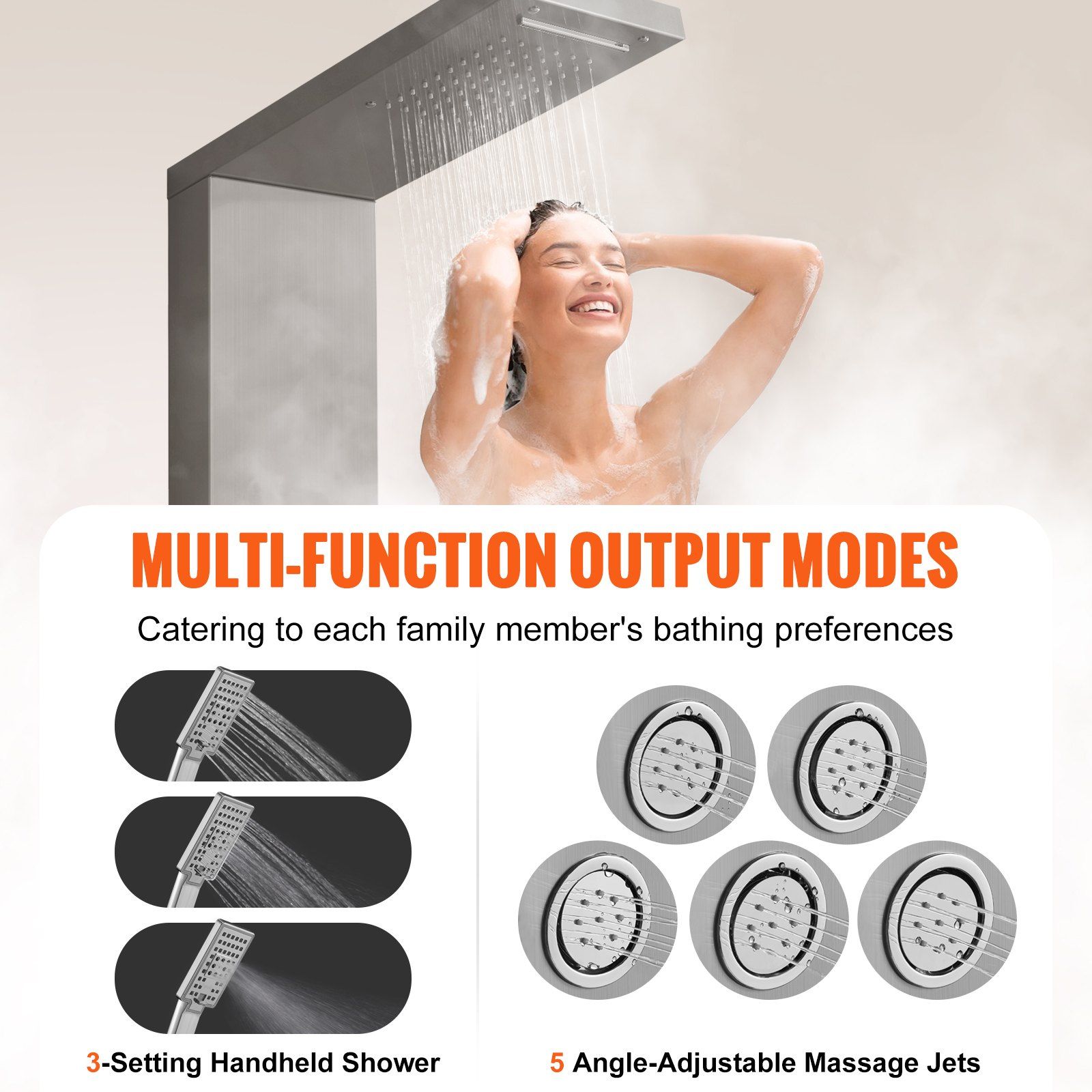 Shower Panel System, 4 Shower Modes Shower Panel Tower, Rainfall, Waterfall, 5 Full Body Massage Jets and 3-Setting Handheld Shower Head with 59