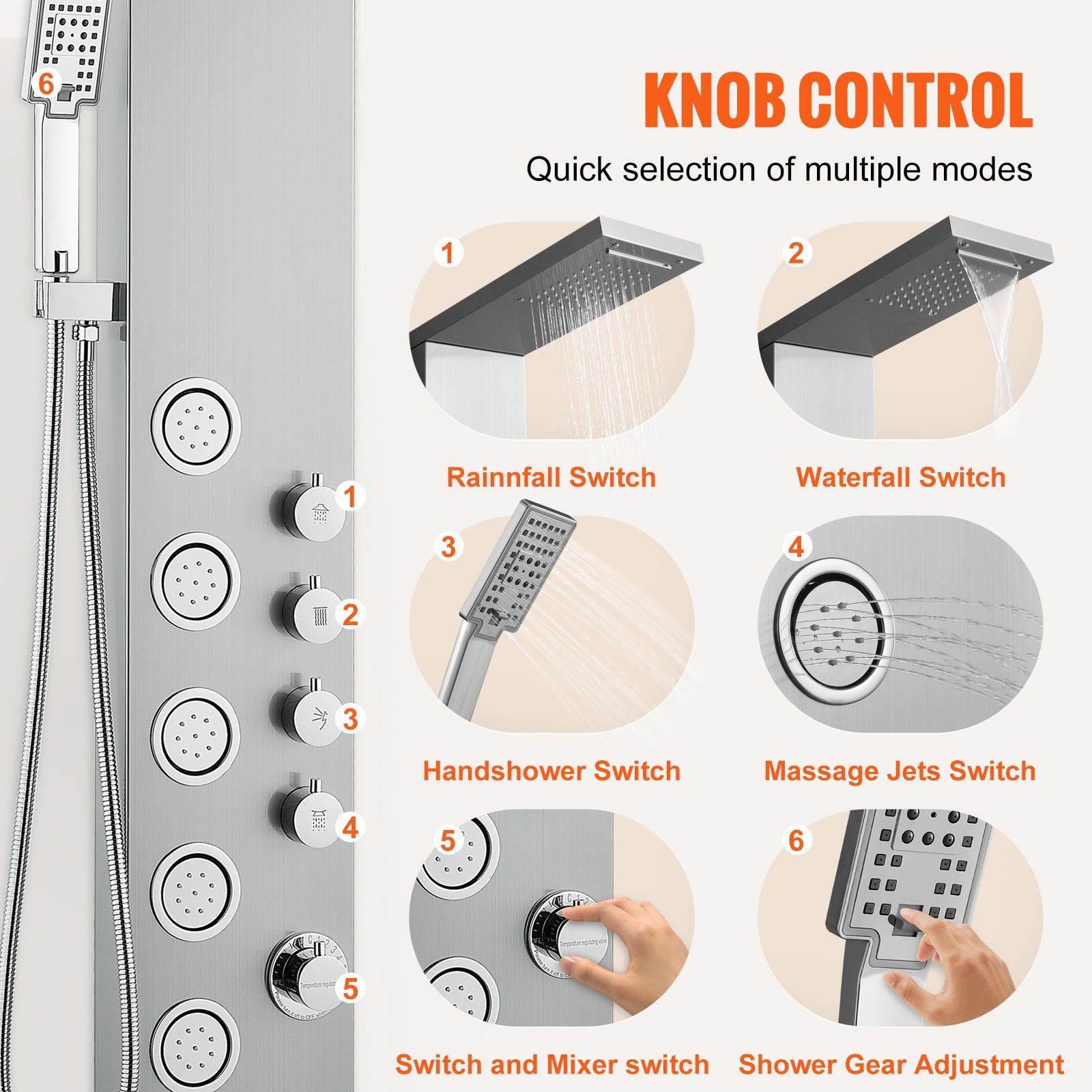 Shower Panel System, 4 Shower Modes Shower Panel Tower, Rainfall, Waterfall, 5 Full Body Massage Jets and 3-Setting Handheld Shower Head with 59