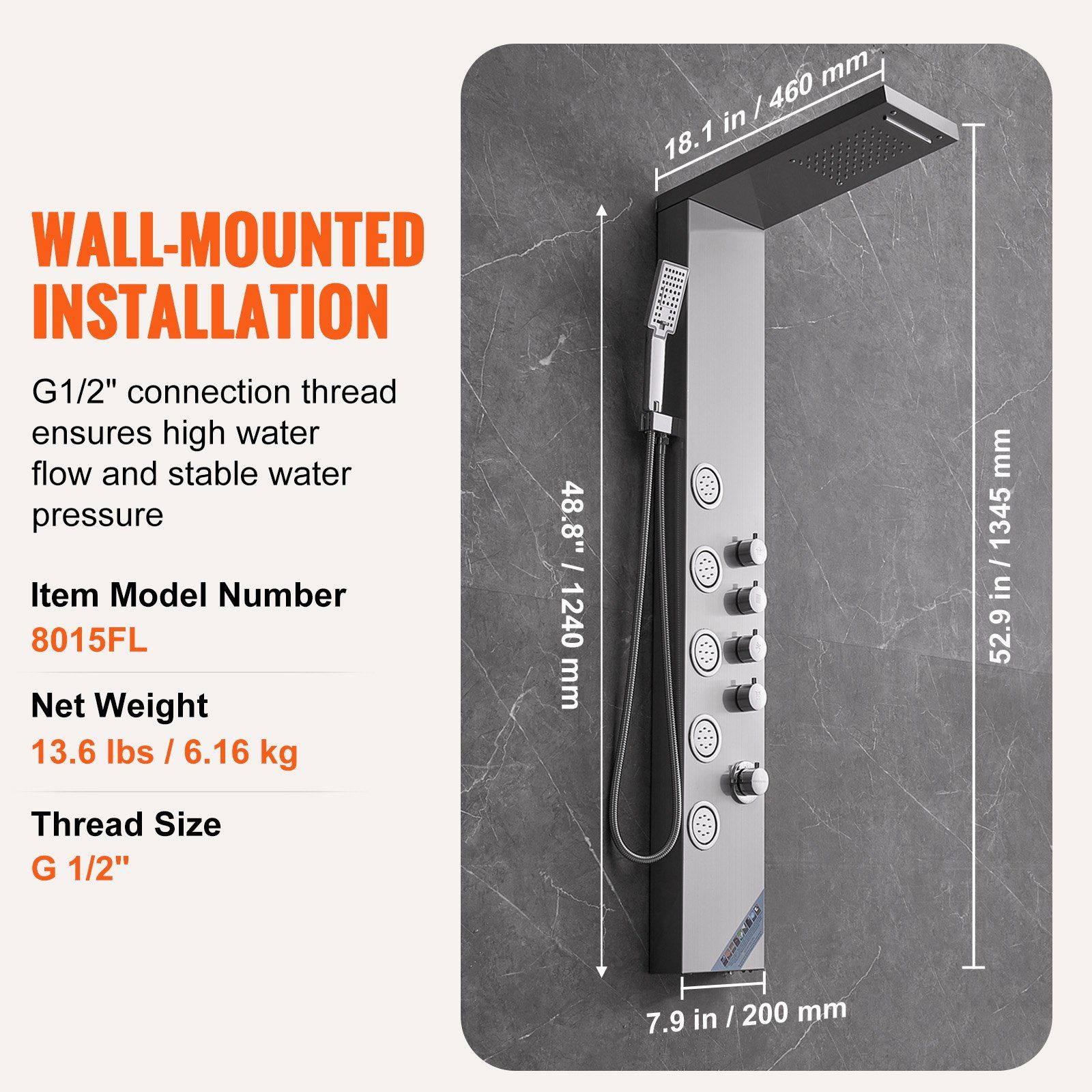 Shower Panel System, 4 Shower Modes Shower Panel Tower, Rainfall, Waterfall, 5 Full Body Massage Jets and 3-Setting Handheld Shower Head with 59