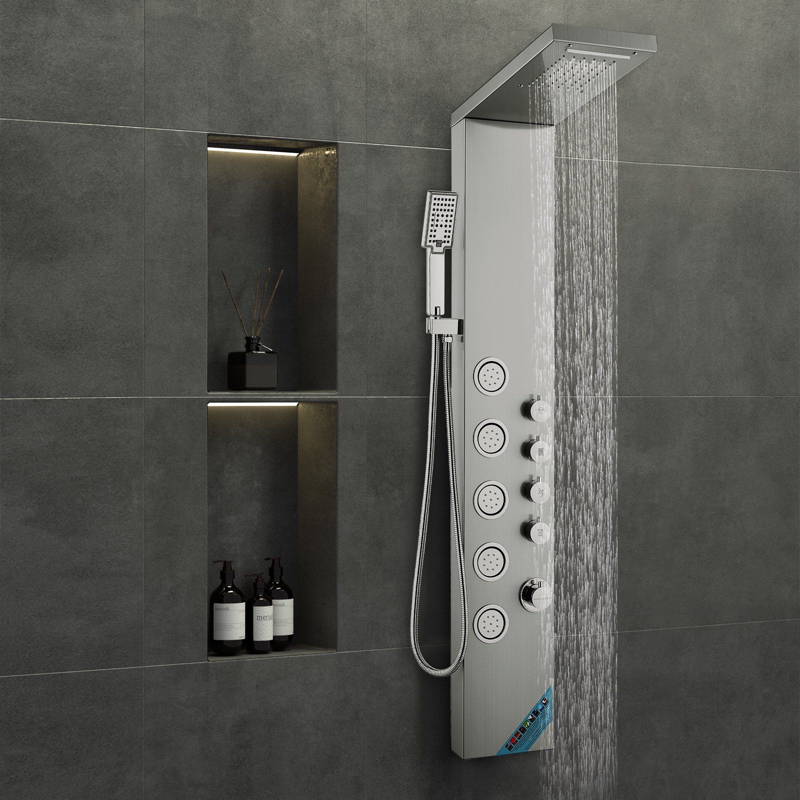 Shower Panel System, 4 Shower Modes Shower Panel Tower, Rainfall, Waterfall, 5 Full Body Massage Jets and 3-Setting Handheld Shower Head with 59