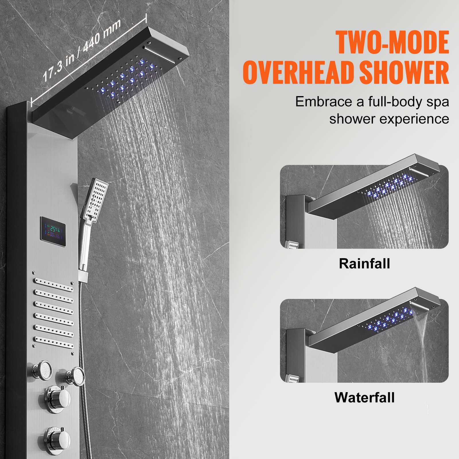 Shower Panel System, 6 Shower Modes, LED & Screen Hydroelectricity Shower Panel Tower, Rainfall, Waterfall, 5 Massage Jets, Tub Spout, Handheld Shower, Stainless Steel Wall-Mounted Shower Set - Image 3