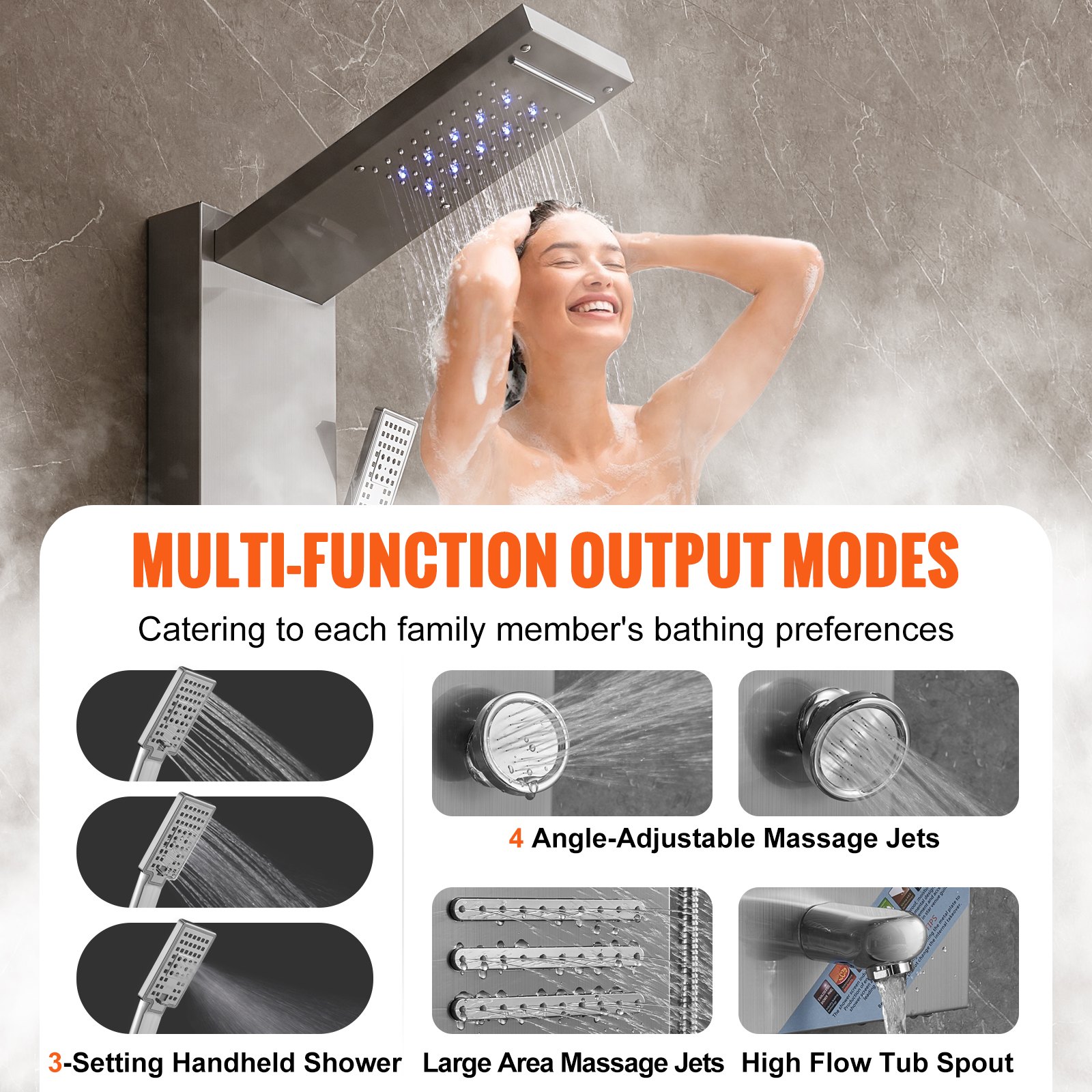 Shower Panel System, 6 Shower Modes, LED & Screen Hydroelectricity Shower Panel Tower, Rainfall, Waterfall, 5 Massage Jets, Tub Spout, Handheld Shower, Stainless Steel Wall-Mounted Shower Set - Image 4