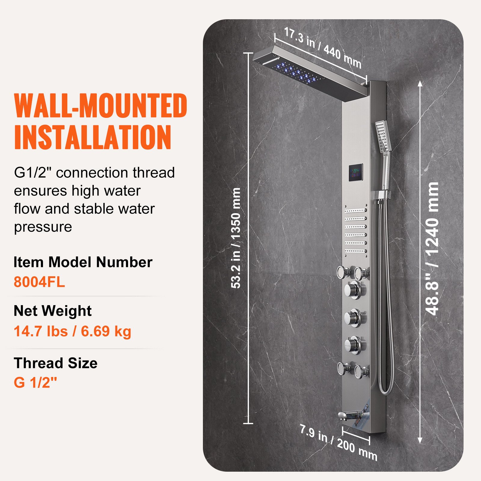 Shower Panel System, 6 Shower Modes, LED & Screen Hydroelectricity Shower Panel Tower, Rainfall, Waterfall, 5 Massage Jets, Tub Spout, Handheld Shower, Stainless Steel Wall-Mounted Shower Set - Image 7