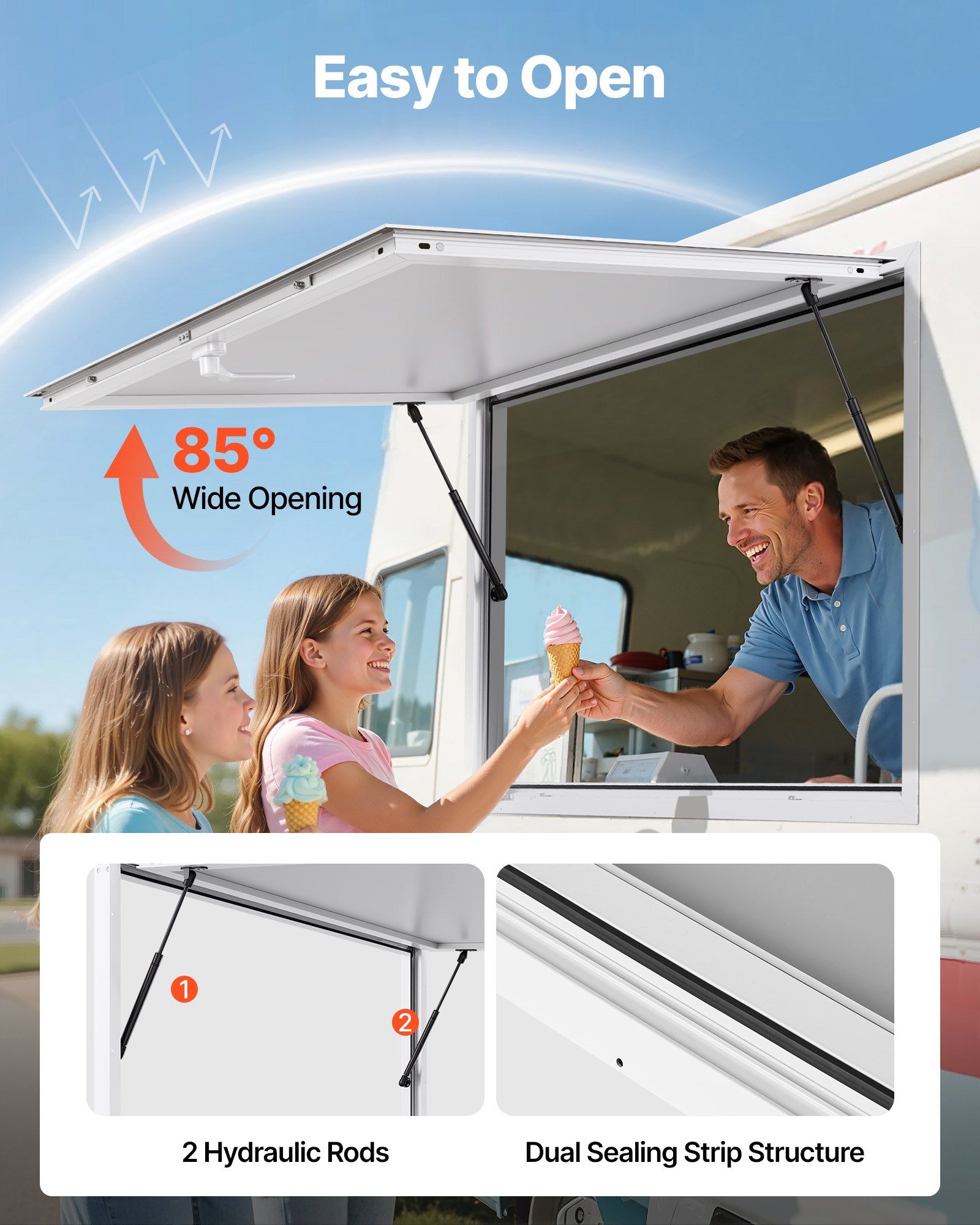Concession Window 188x102cm, Aluminum Alloy Frame Service Window for Food Truck, Up to 85 Degrees Stand Serving Window with Awning Door and Drag Hook, Rainwater Resistant for Concession Trailer - Image 4