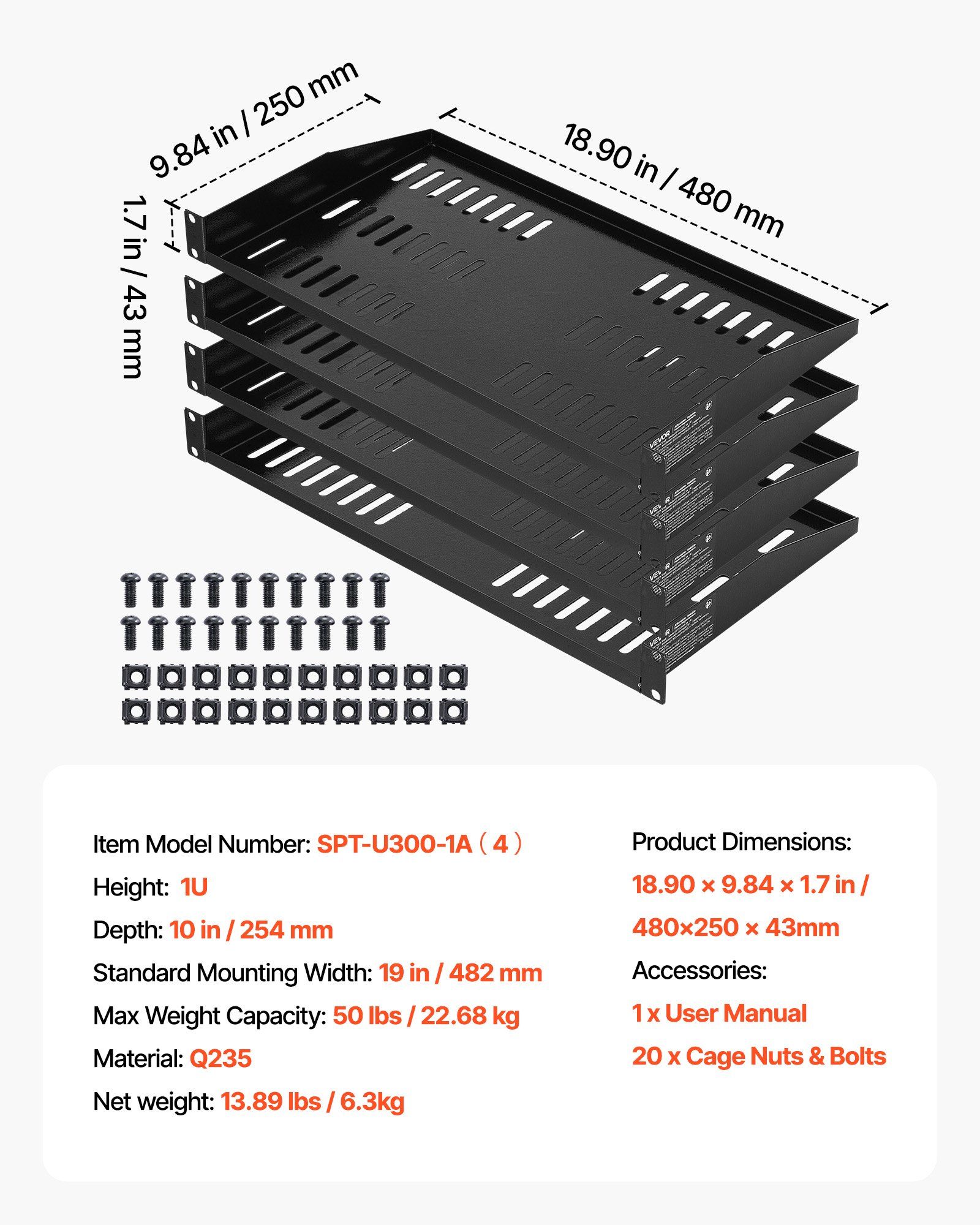 1U Server Rack Shelf, 4 PCS, 22.68 kg Max Load-Bearing Vented Cantilever, Wall Mount or Rack Mount Shelf with Tray, 254 mm Depth, Good Air Circulation for Cabinet Computer Network Equipment - Image 7