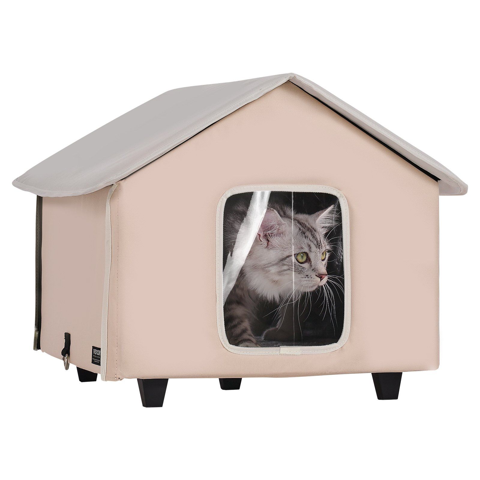 Elevated Heated Cat House, Outdoor Kitty Shelter with Timer, 600D Oxford Cloth Foldable Cat Shelter with Heated Pad for Winter to Stay Warm and Cozy, Brown (Middle) - Image 1