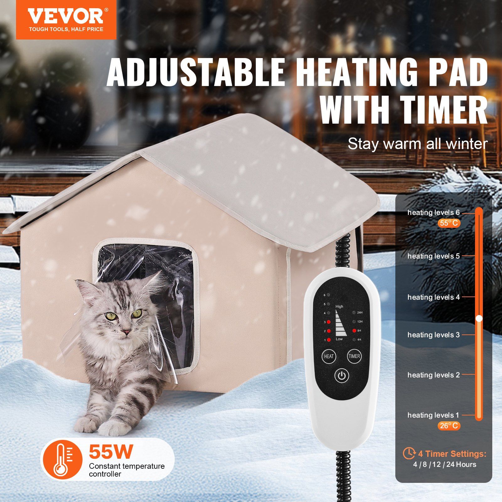Elevated Heated Cat House, Outdoor Kitty Shelter with Timer, 600D Oxford Cloth Foldable Cat Shelter with Heated Pad for Winter to Stay Warm and Cozy, Brown (Middle) - Image 2