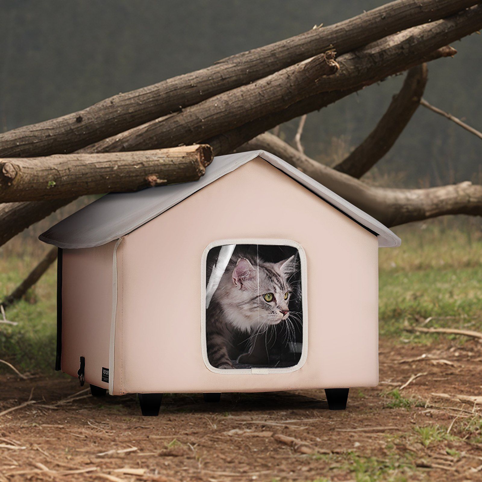 Elevated Heated Cat House, Outdoor Kitty Shelter with Timer, 600D Oxford Cloth Foldable Cat Shelter with Heated Pad for Winter to Stay Warm and Cozy, Brown (Middle) - Image 8