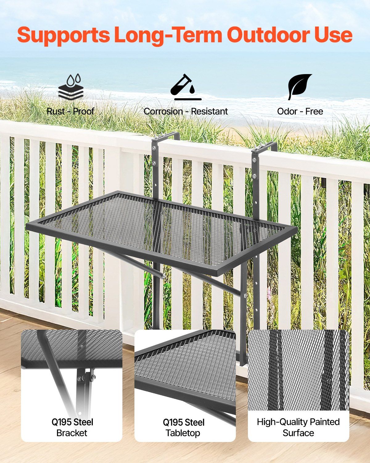 Balcony Hanging Table, 610 x 410 mm Metal Folding Balcony Railing Table, Outdoor Balcony Bar Table for Railings, 5-Level Adjustable, Fit Railing from 1