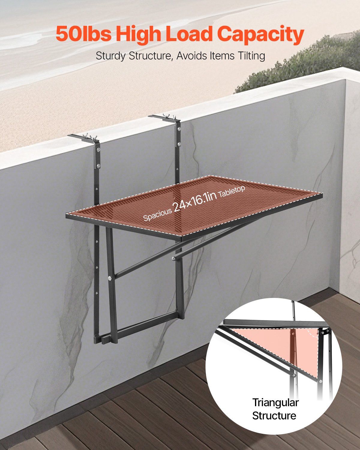 Balcony Hanging Table, 610 x 410 mm Metal Folding Balcony Railing Table, Outdoor Balcony Bar Table for Railings, 5-Level Adjustable, Fit Railing from 1