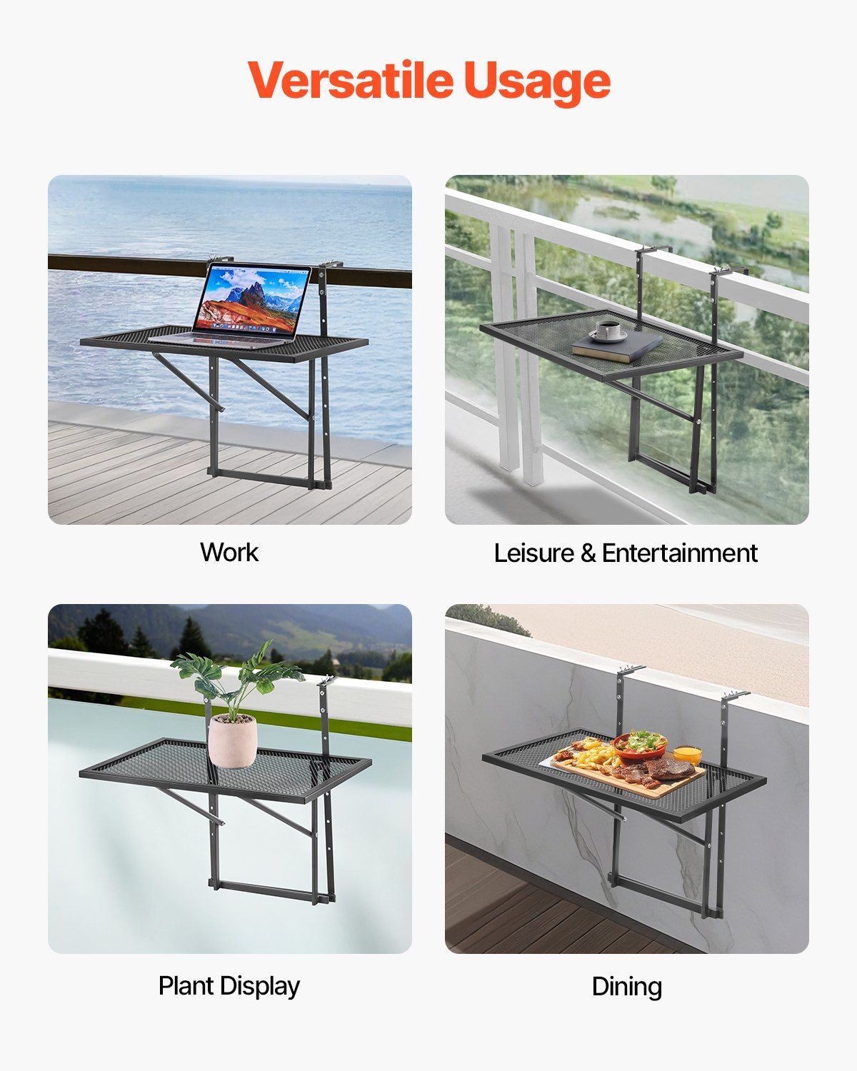 Balcony Hanging Table, 610 x 410 mm Metal Folding Balcony Railing Table, Outdoor Balcony Bar Table for Railings, 5-Level Adjustable, Fit Railing from 1
