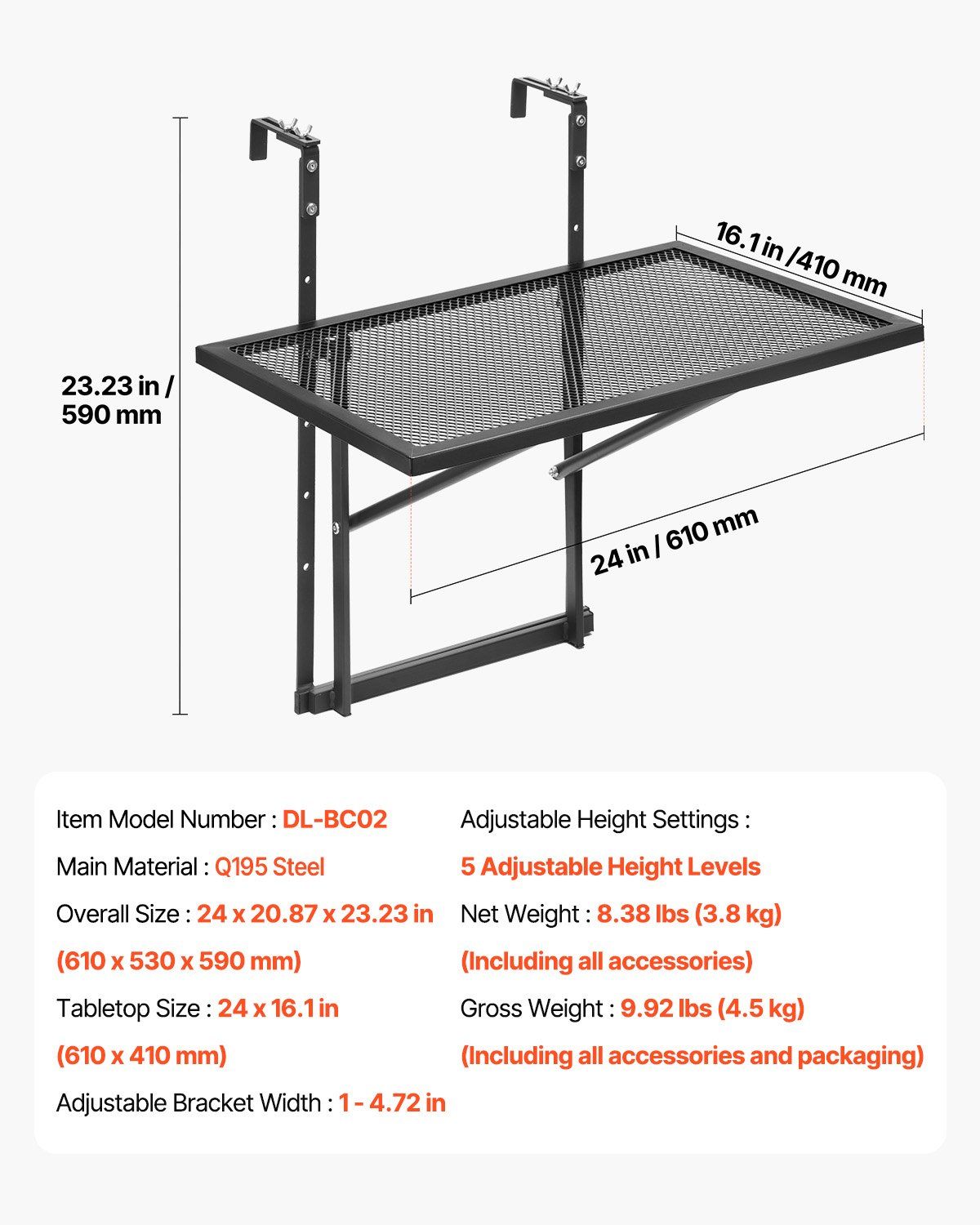 Balcony Hanging Table, 610 x 410 mm Metal Folding Balcony Railing Table, Outdoor Balcony Bar Table for Railings, 5-Level Adjustable, Fit Railing from 1