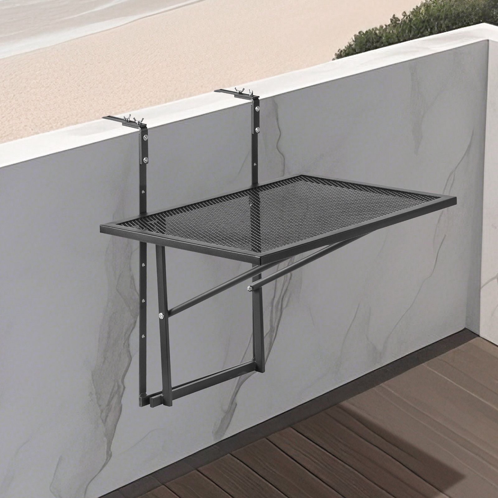Balcony Hanging Table, 610 x 410 mm Metal Folding Balcony Railing Table, Outdoor Balcony Bar Table for Railings, 5-Level Adjustable, Fit Railing from 1