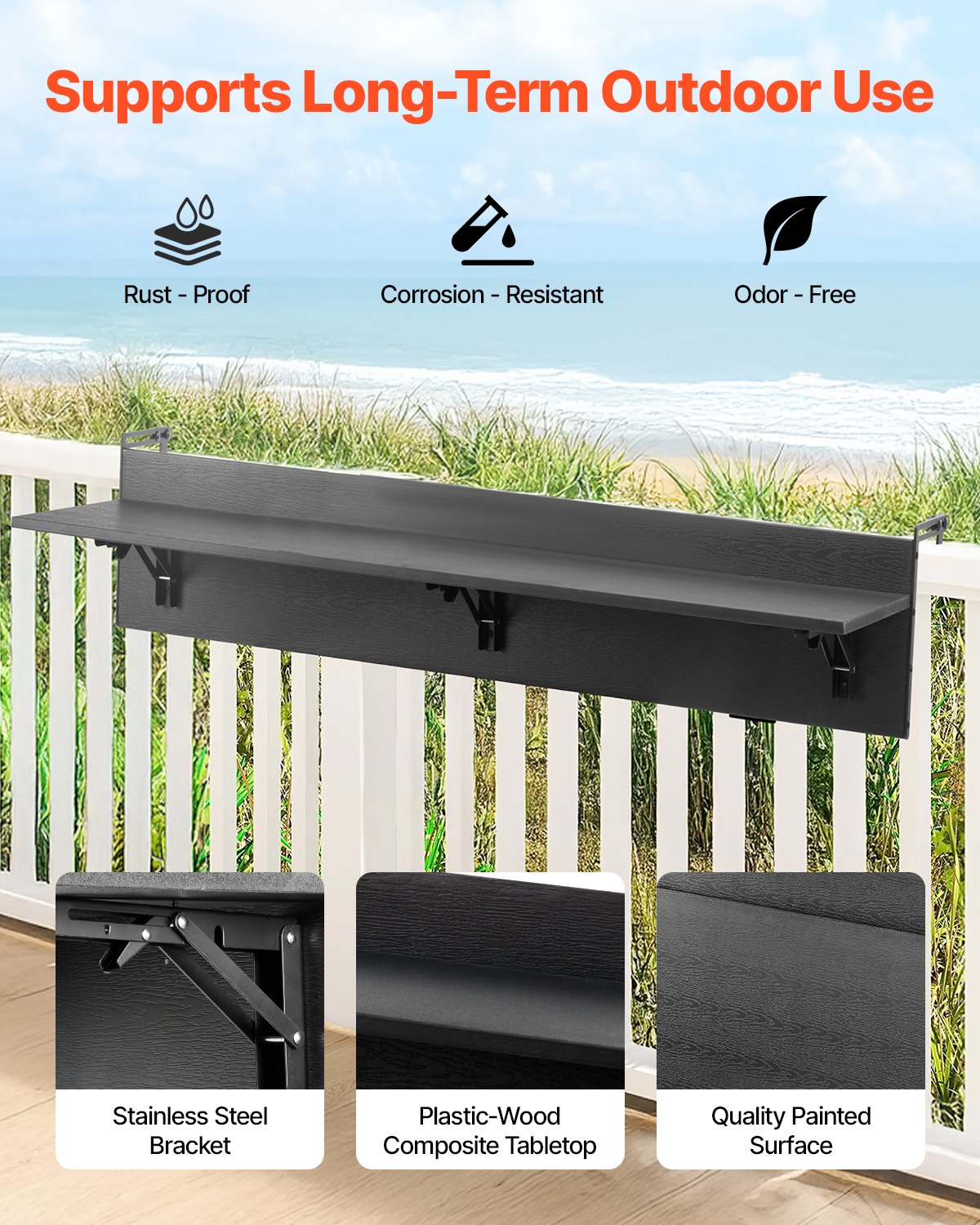 Balcony Hanging Table, 12 x 48 in Folding Balcony Railing Table, Outdoor Balcony Bar Table for Railings, 50 lbs Loading, Fit Railing from 1