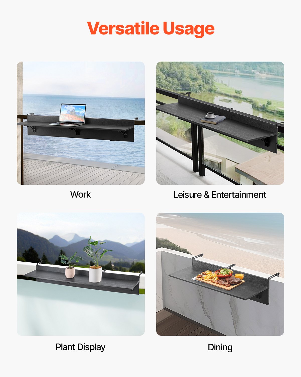 Balcony Hanging Table, 12 x 48 in Folding Balcony Railing Table, Outdoor Balcony Bar Table for Railings, 50 lbs Loading, Fit Railing from 1