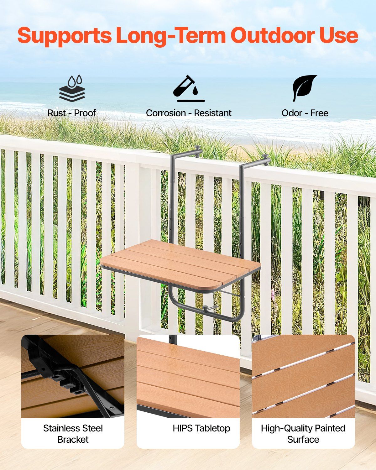 Balcony Hanging Table, 595 x 400 mm Folding Balcony Railing Table, Outdoor Balcony Bar Table for Railings, 4-Level Adjustable, Fit Railing from 1