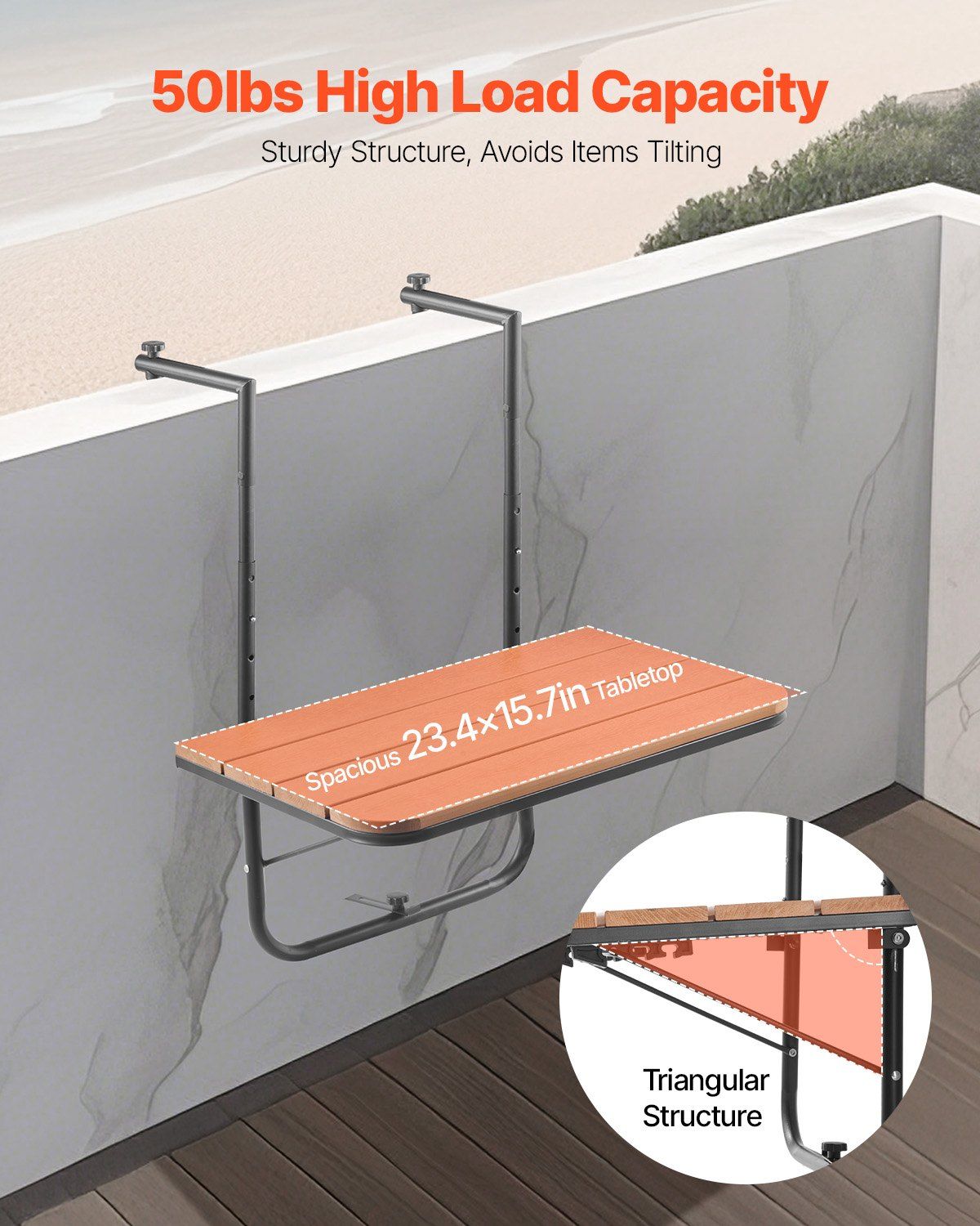Balcony Hanging Table, 595 x 400 mm Folding Balcony Railing Table, Outdoor Balcony Bar Table for Railings, 4-Level Adjustable, Fit Railing from 1