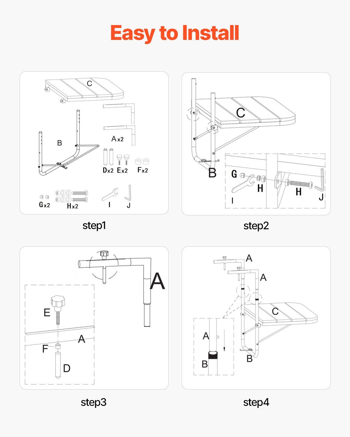 Balcony Hanging Table, 595 x 400 mm Folding Balcony Railing Table, Outdoor Balcony Bar Table for Railings, 4-Level Adjustable, Fit Railing from 1