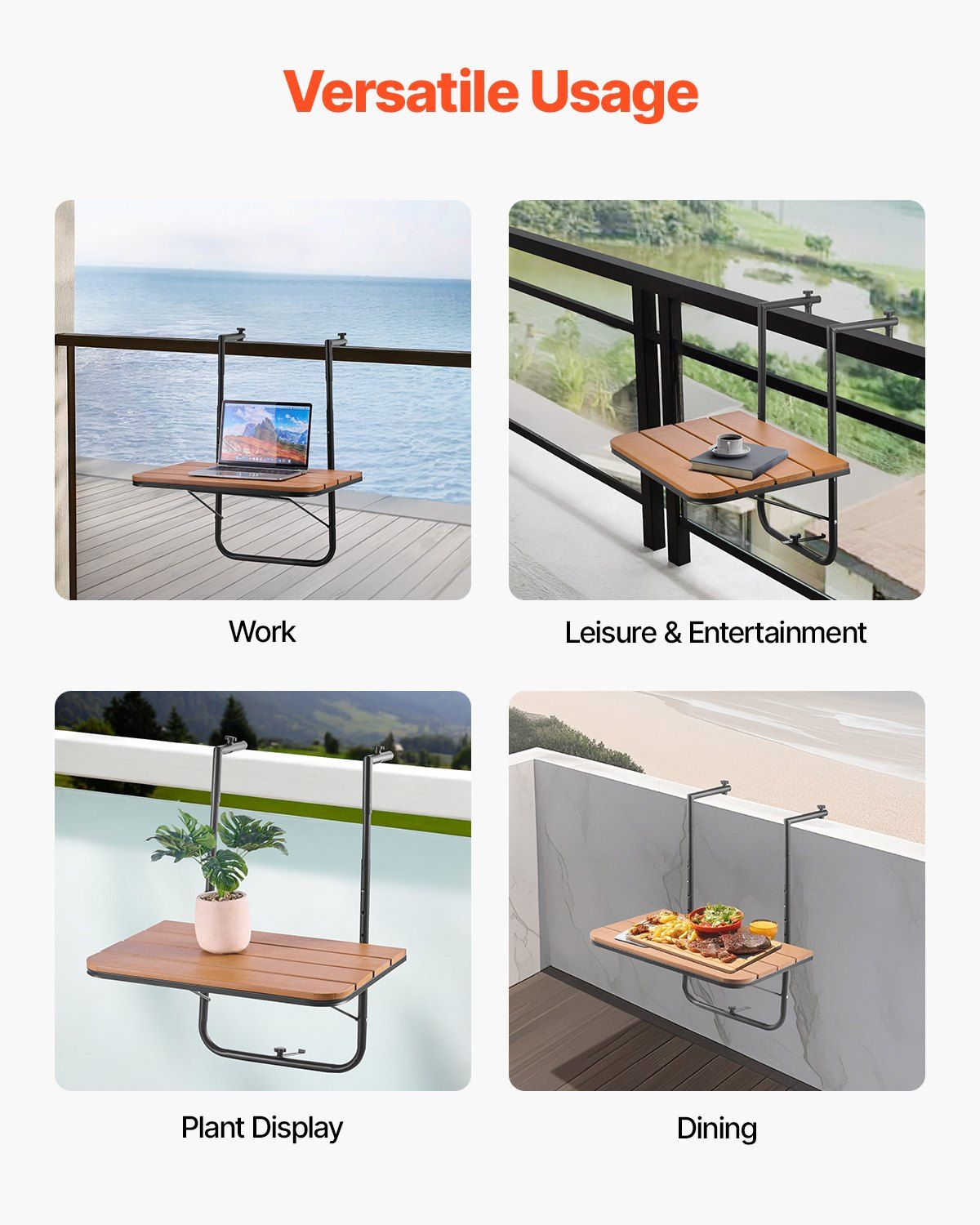 Balcony Hanging Table, 595 x 400 mm Folding Balcony Railing Table, Outdoor Balcony Bar Table for Railings, 4-Level Adjustable, Fit Railing from 1