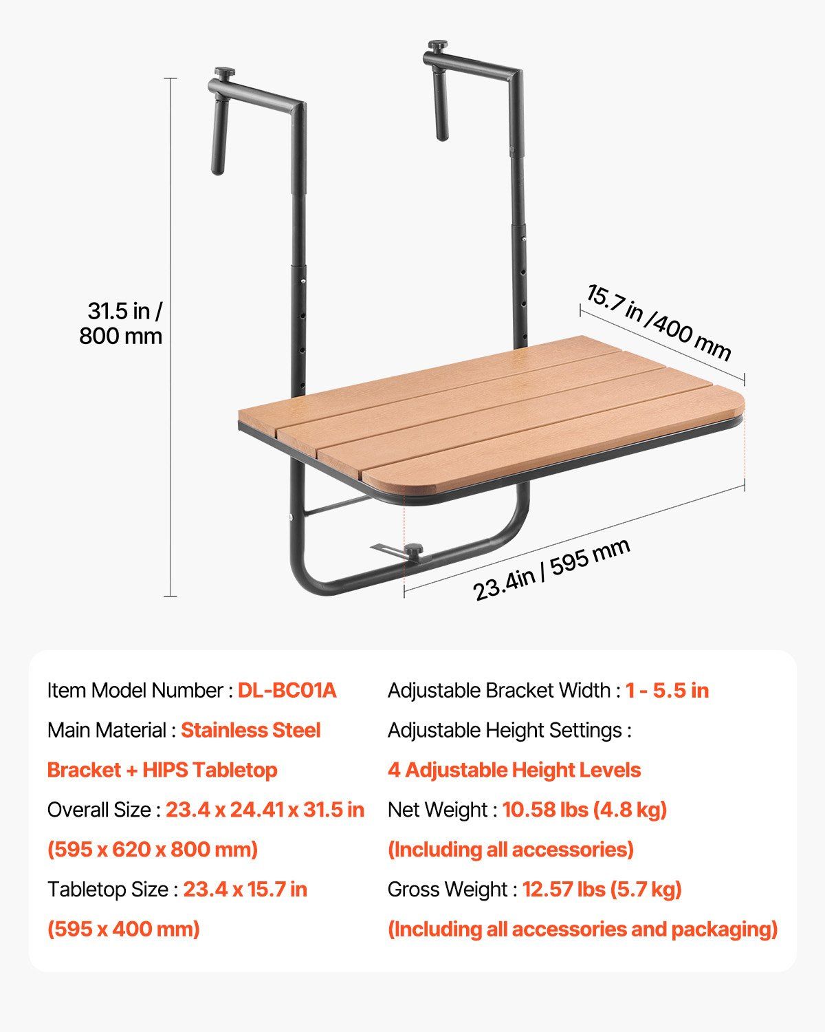Balcony Hanging Table, 595 x 400 mm Folding Balcony Railing Table, Outdoor Balcony Bar Table for Railings, 4-Level Adjustable, Fit Railing from 1